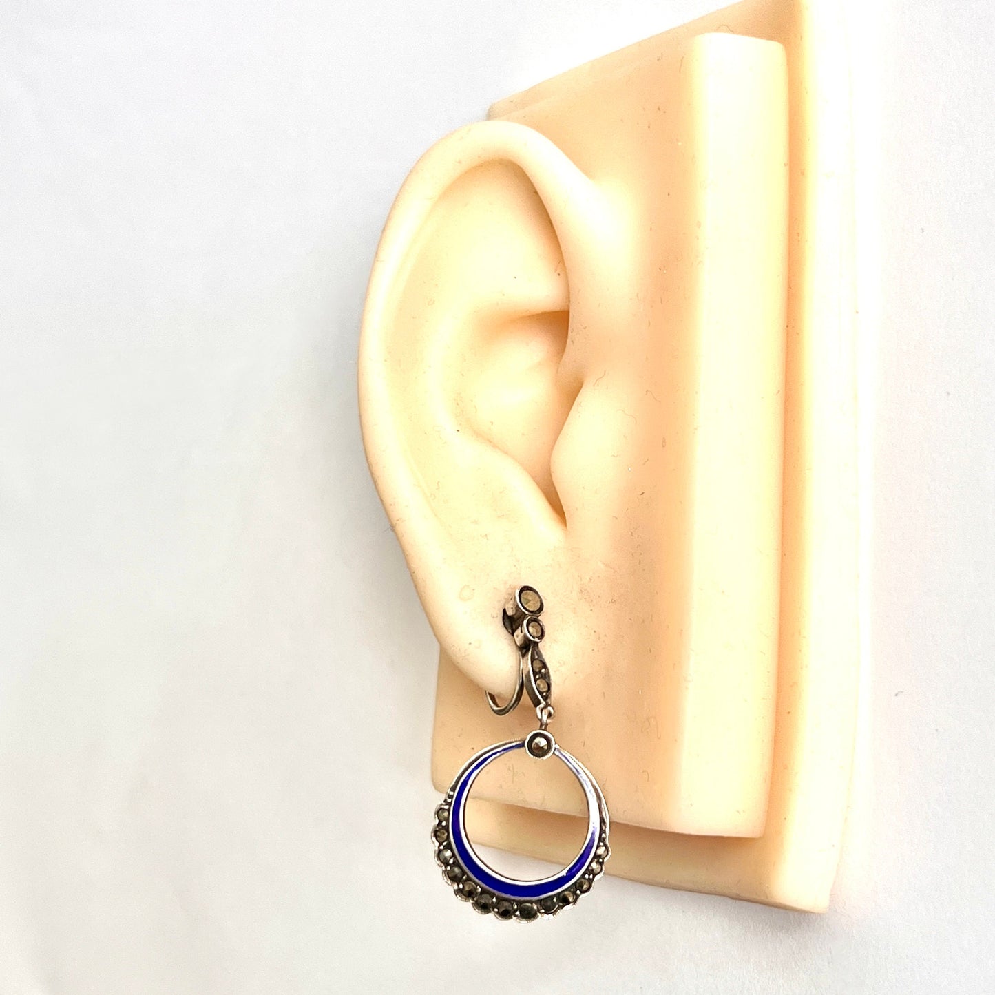 Vintage Art Deco Blue Enamel Marcasite Earrings