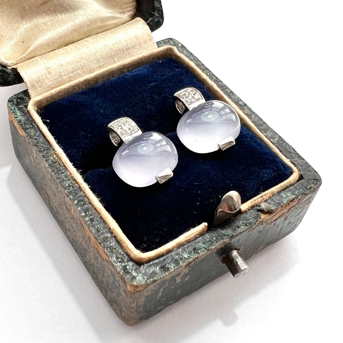 Vintage 18CT White Gold Diamond Chalcedony Earrings