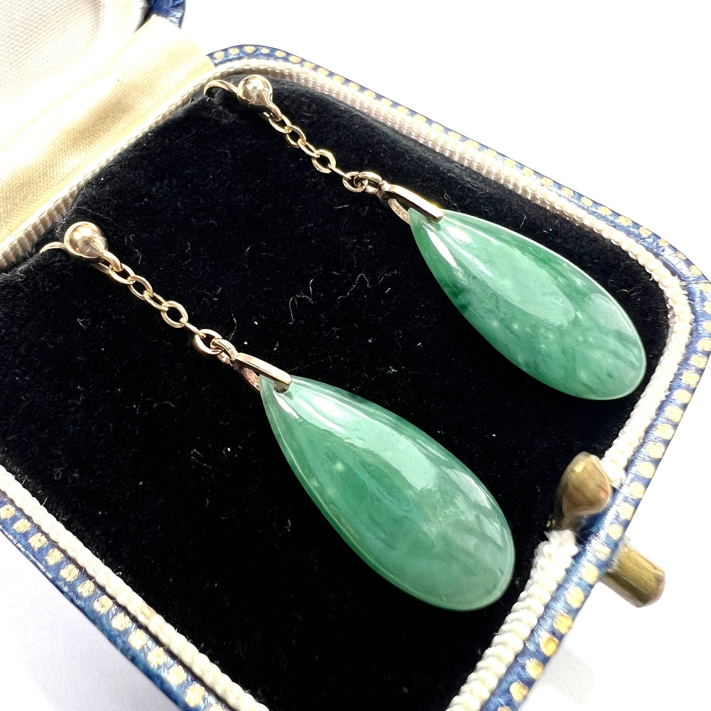 Edwardian 9CT Gold Jade Chain Drop Earrings