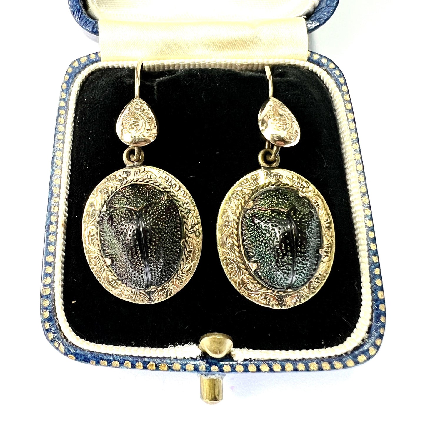 Ornate Victorian Scarab Beetle 9CT Gold Drop Earrings