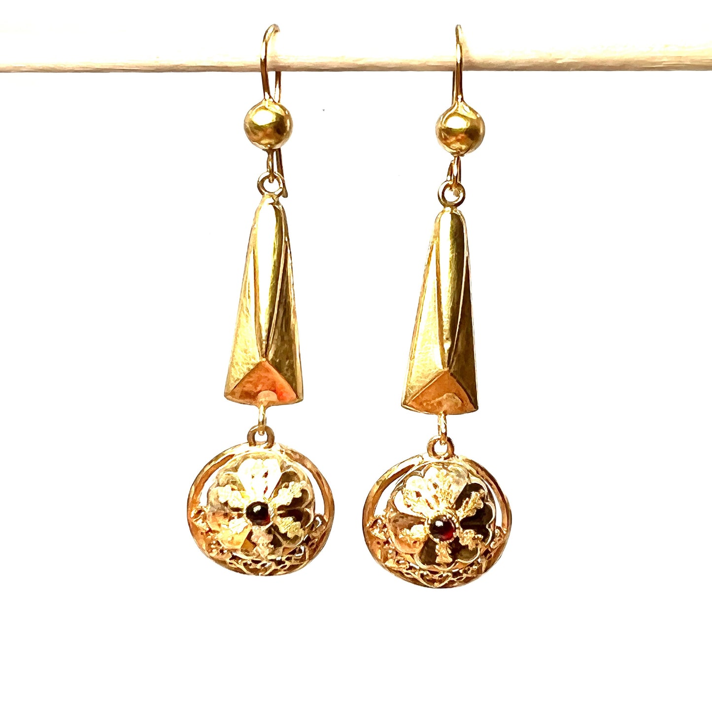 Victorian Garnet Etruscan Revival 9CT Gold Long Drop Earrings
