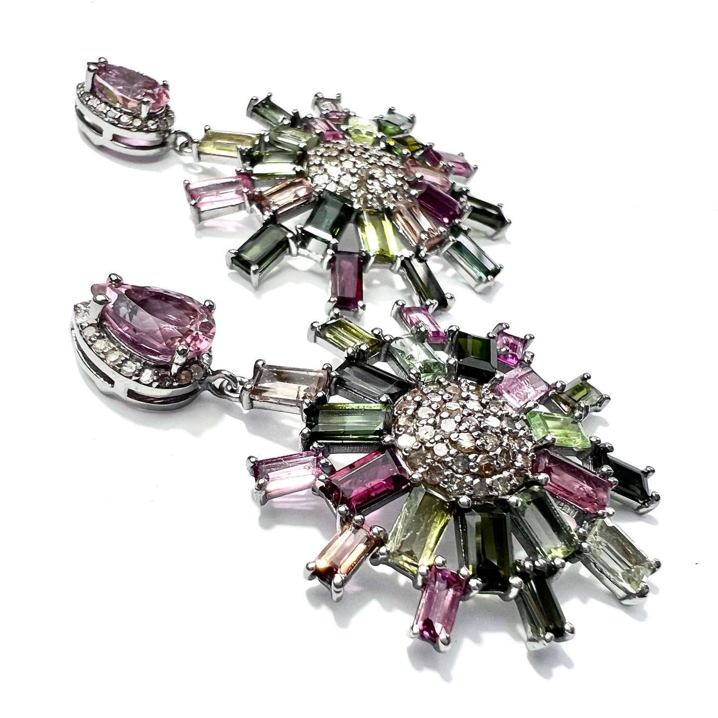 Large Vintage Diamond and Tourmaline 14CT Gold and Silver Wheel Earrings