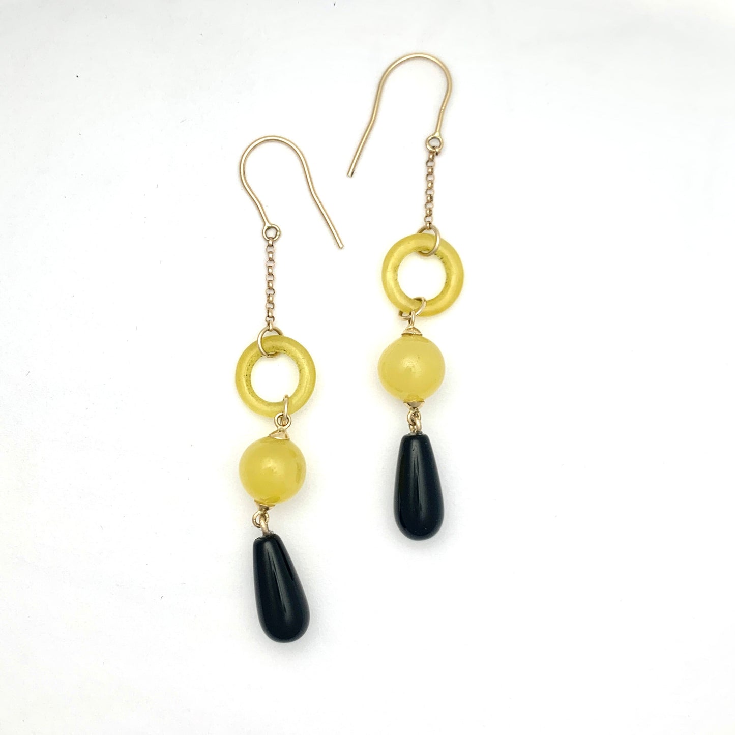 Rare Art Deco Long Drop 9CT Gold Chain Onyx Hardstone Earrings
