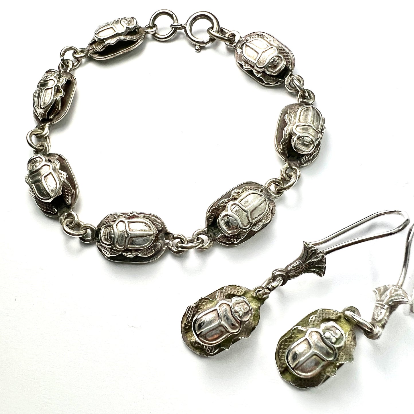 Vintage Silver Egyptian Scarab Beetle Earrings and Bracelet