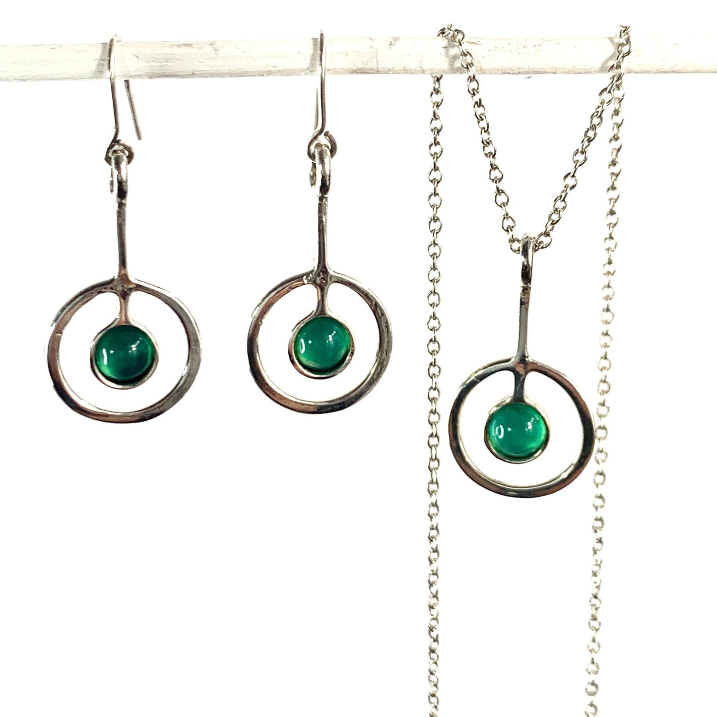 Vintage Scottish Silver Modernist Green Stone Earrings and Necklace