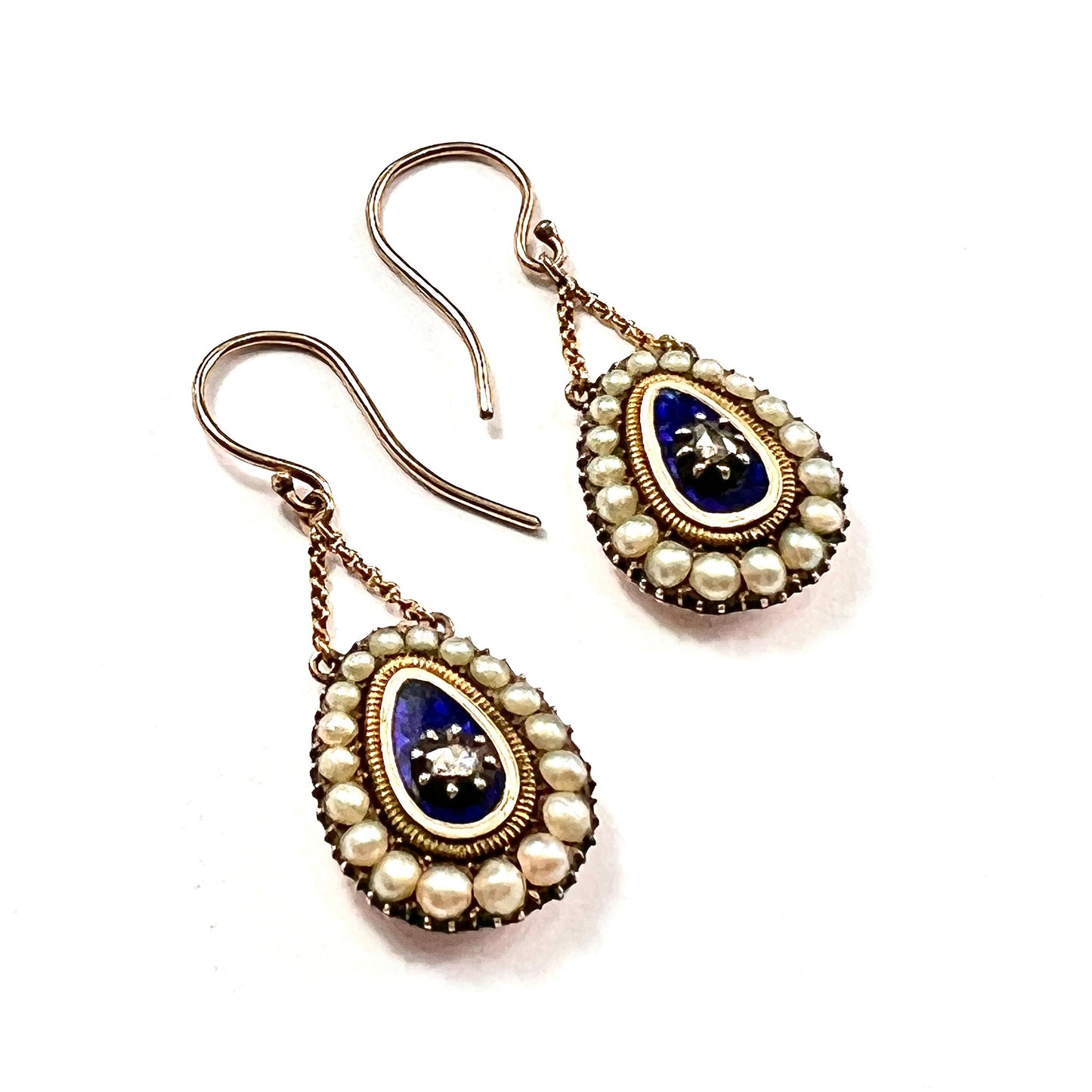 Georgian Diamond and Pearl Blue Enamel Chain Drop Earrings