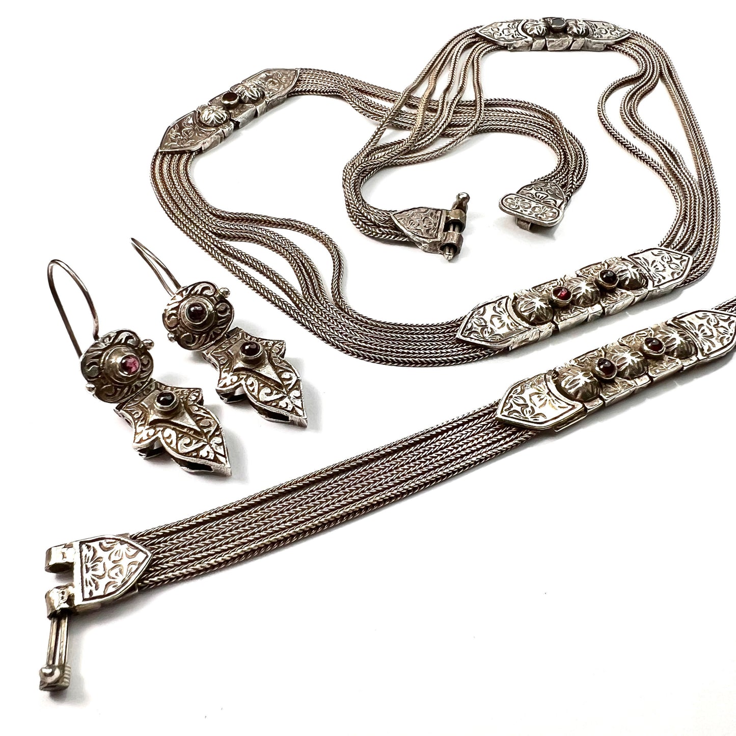 Vintage Garnet and Sterling Silver Byzantine Chain Necklace, Earrings, Bracelet