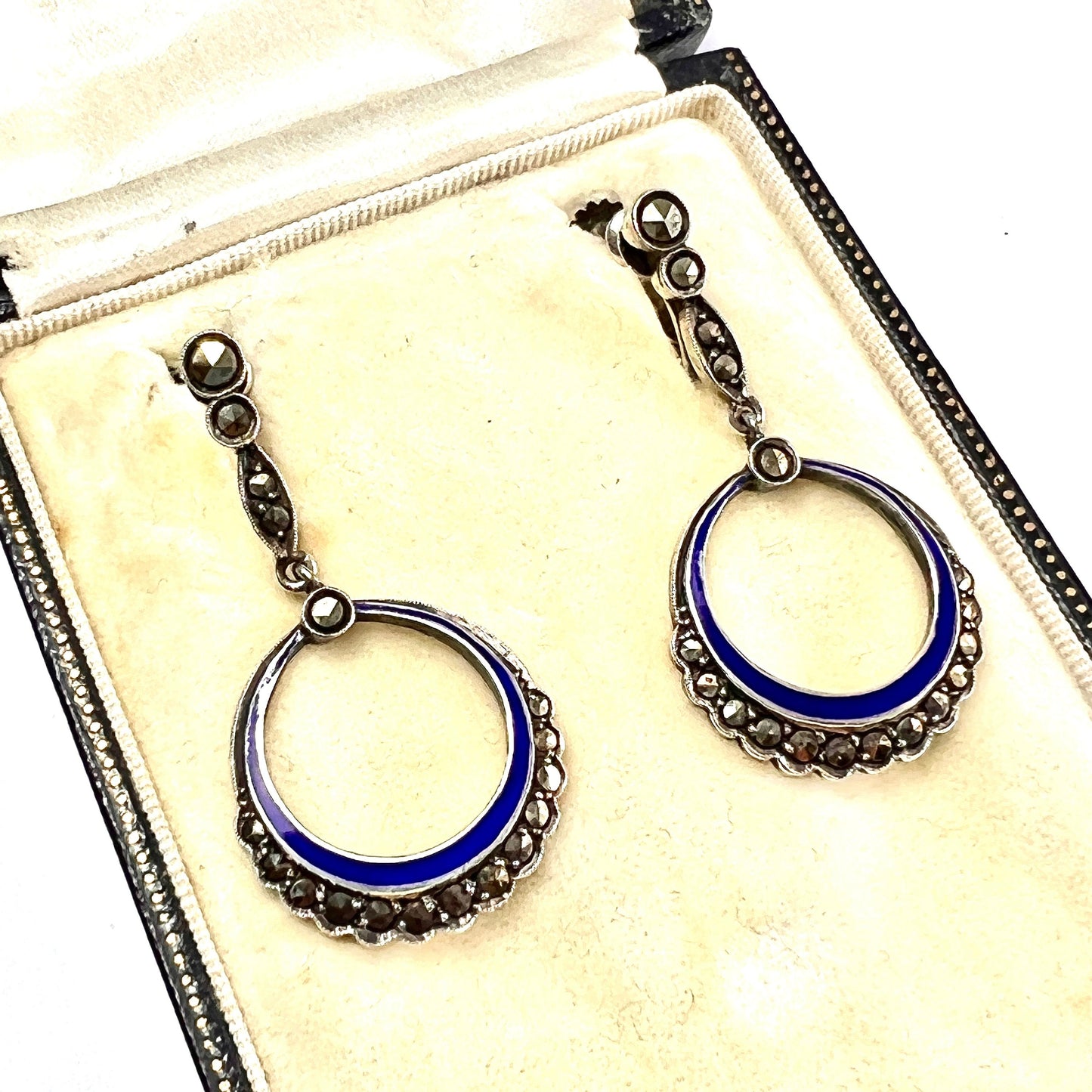 Vintage Art Deco Blue Enamel Marcasite Earrings