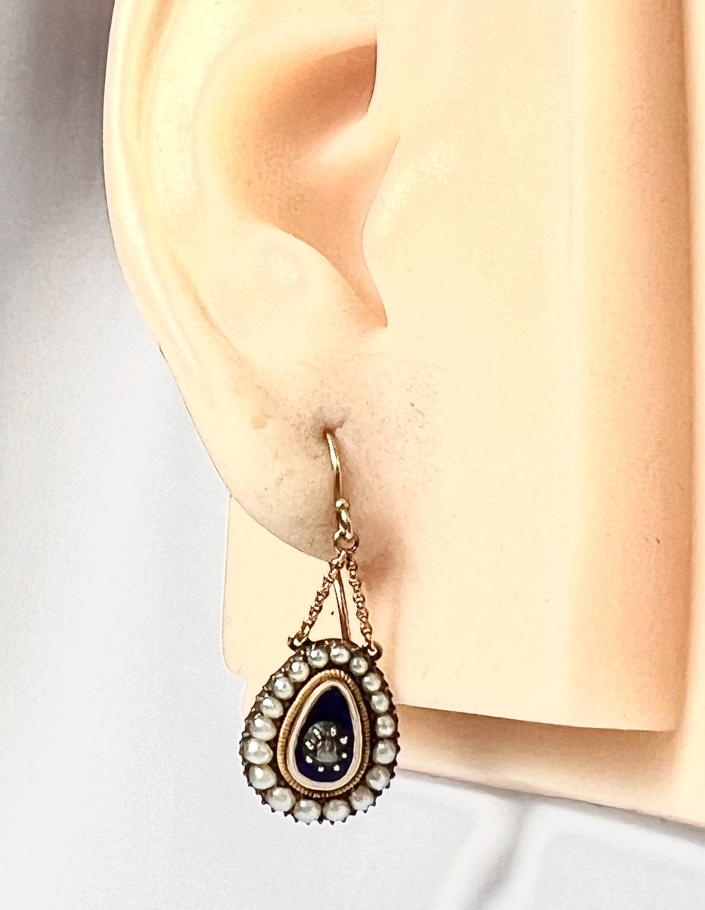Georgian Diamond and Pearl Blue Enamel Chain Drop Earrings