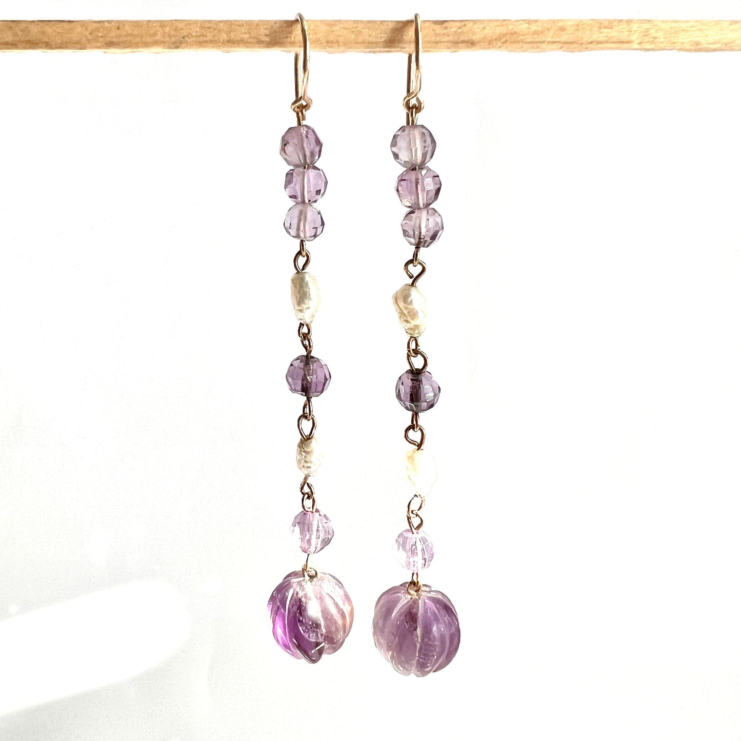 Antique Carved Amethyst and Pearl 9CT Gold Long Drop Earrings