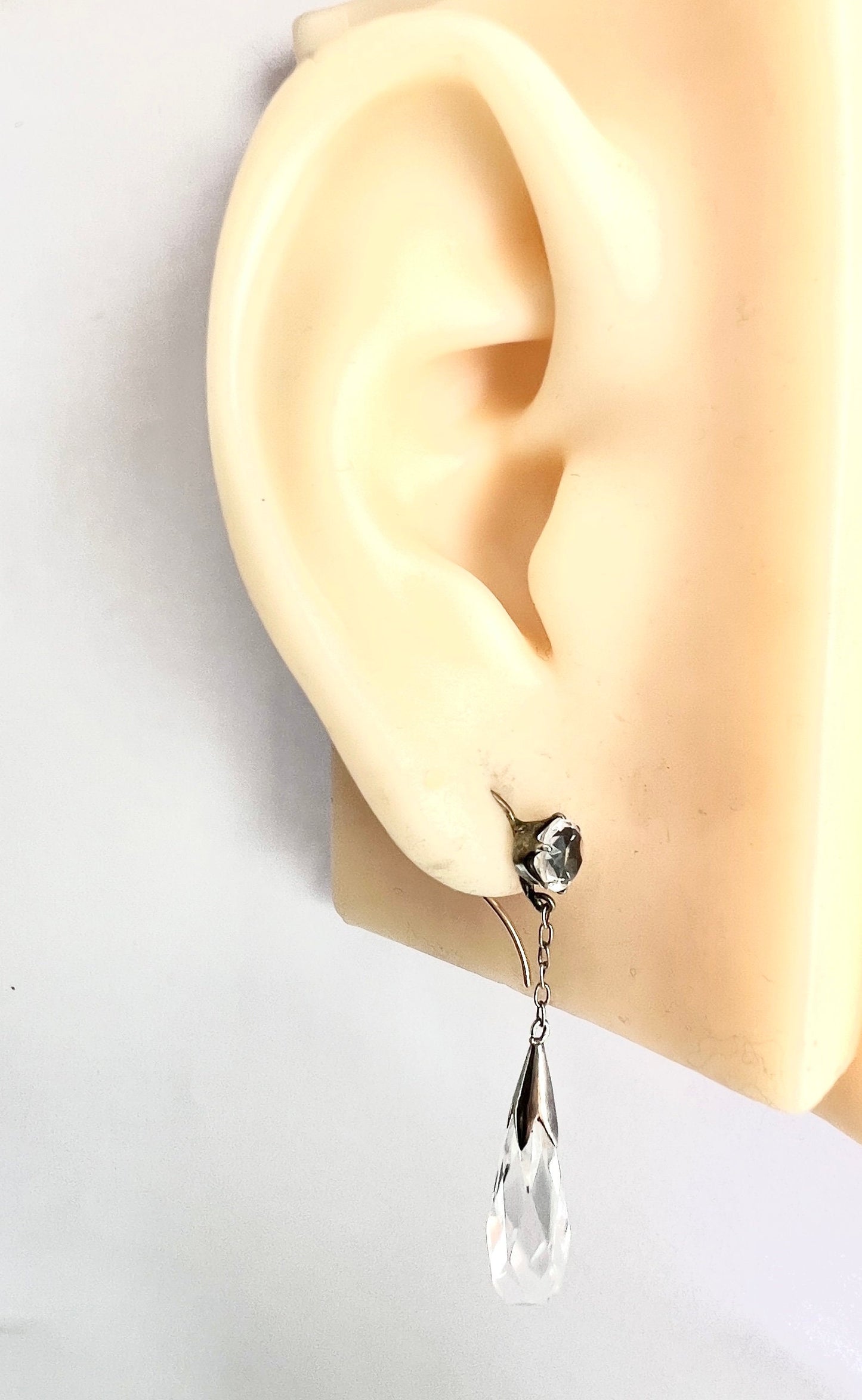 Edwardian 9CT Gold Silver Rock Crystal Chain Drop Earrings