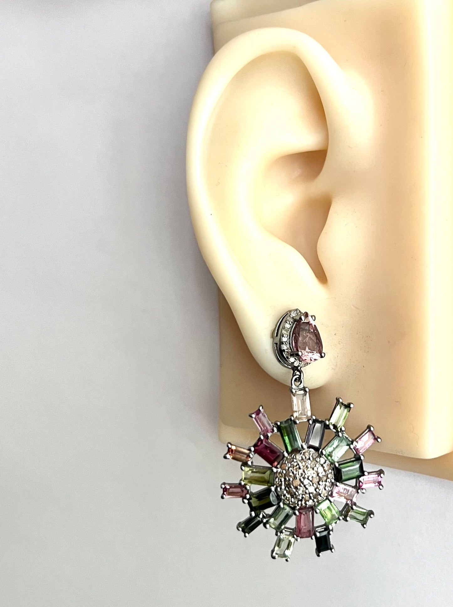 Large Vintage Diamond and Tourmaline 14CT Gold and Silver Wheel Earrings