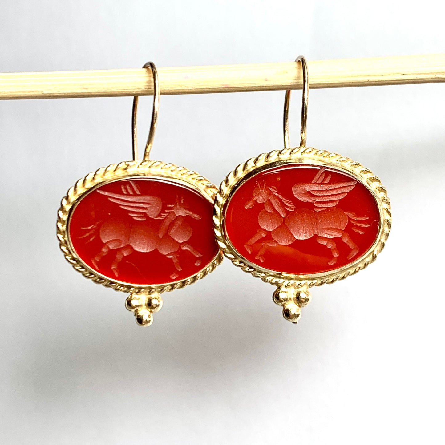 Vintage Winged Horse Carnelian Intaglio 14CT Gold Earrings