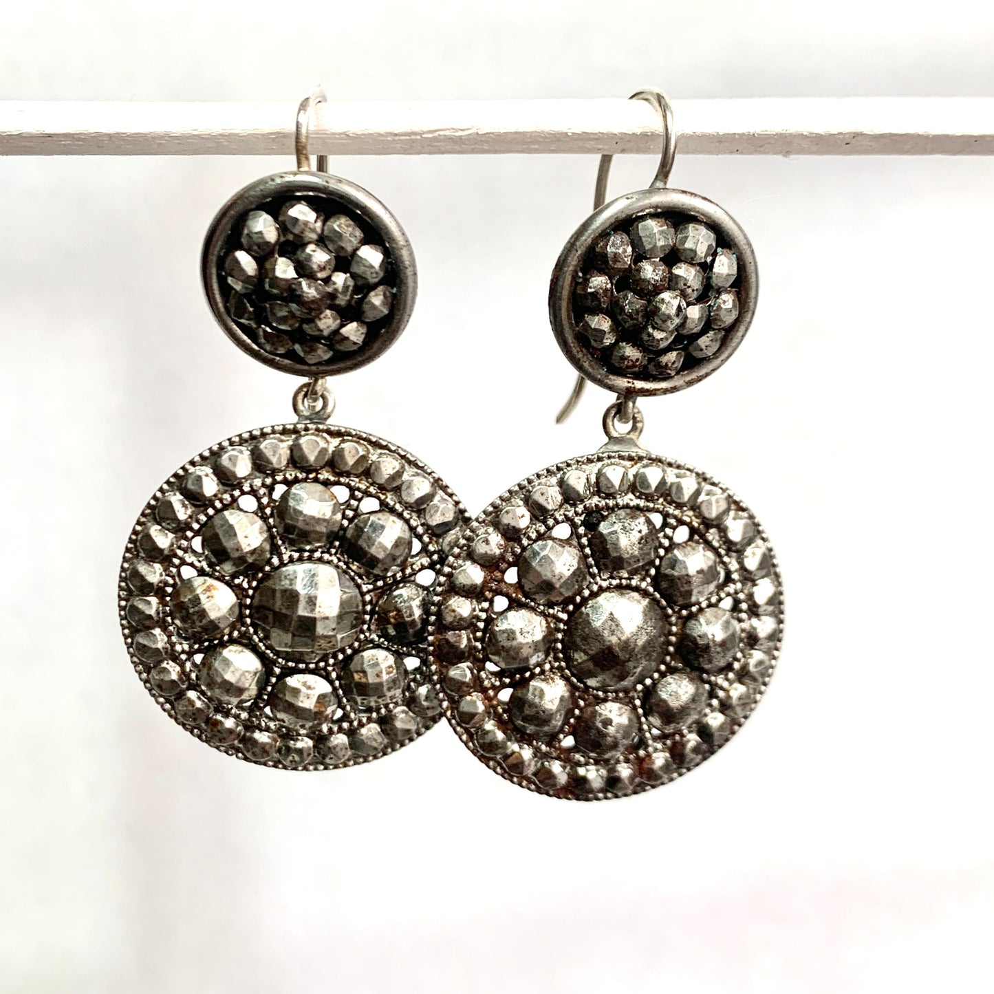 Large Antique Georgian Earrings in Cut Steel, Sterling Silver
