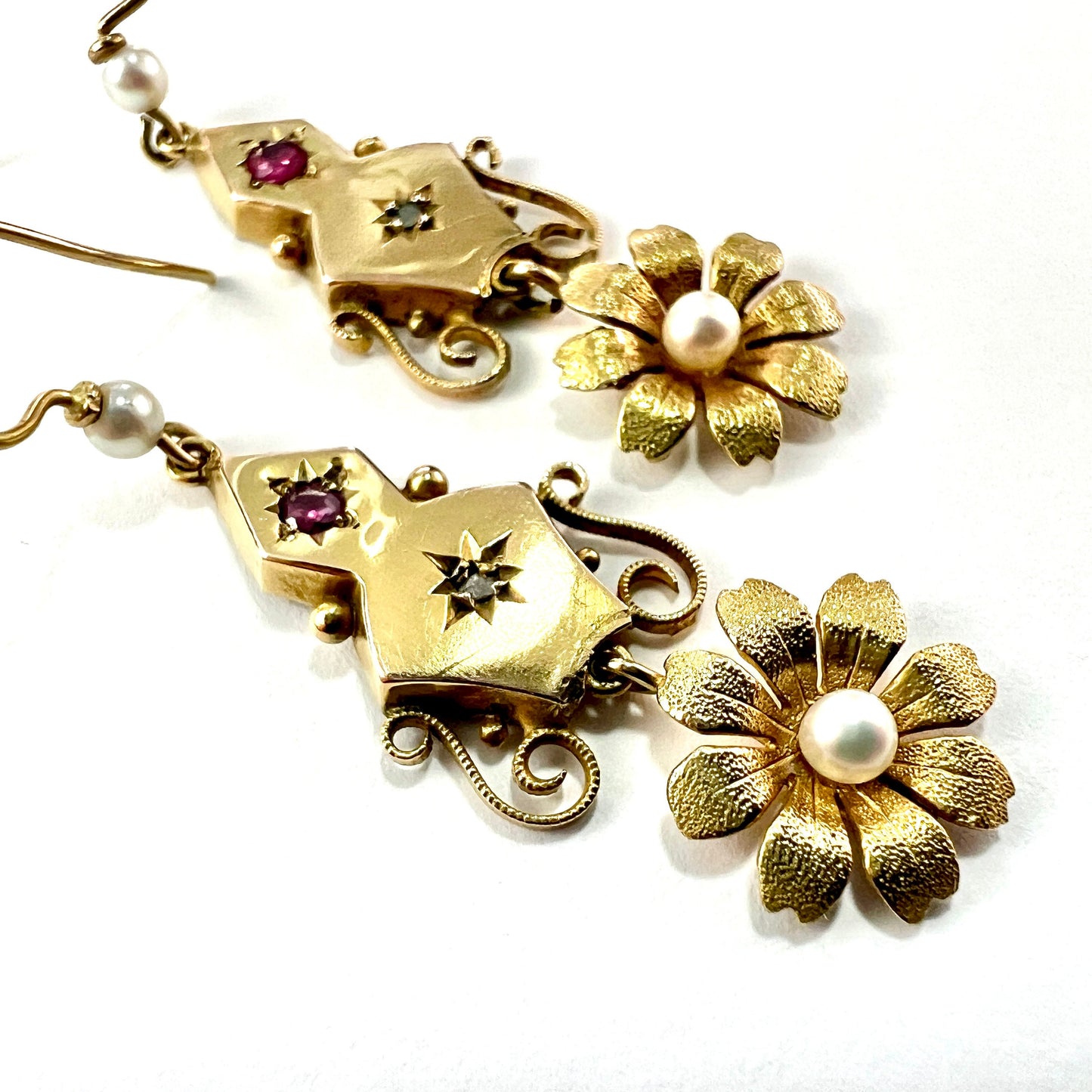 Victorian 9CT Gold Ruby and Pearl Flower Drop Earrings
