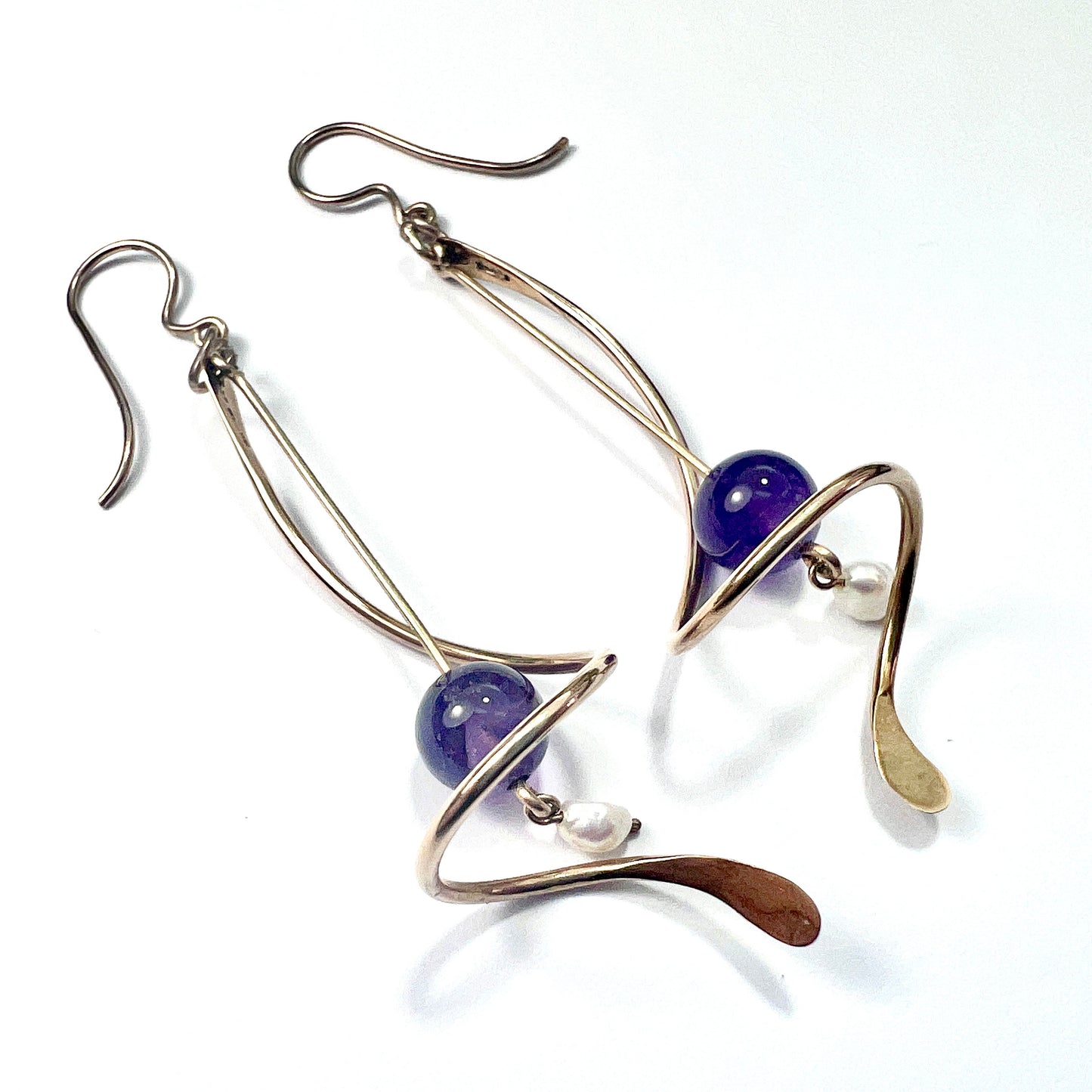 Large Vintage Amethyst and Pearl 9CT Gold Arabesque Earrings