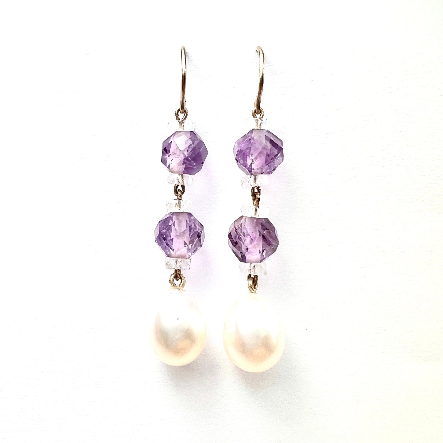 Edwardian Amethyst and Crystal Bead Pearl Drop Earrings in 9CT Gold