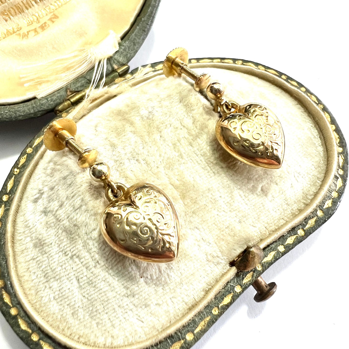 Vintage 9CT Gold Engraved Heart Drop Earrings