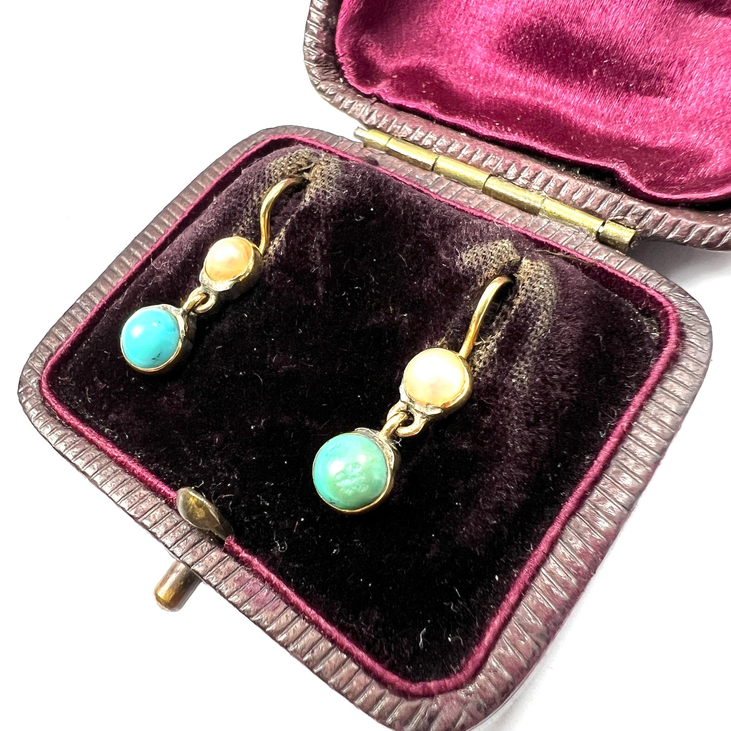 Victorian Gold Turquoise and Pearl Drop Earrings