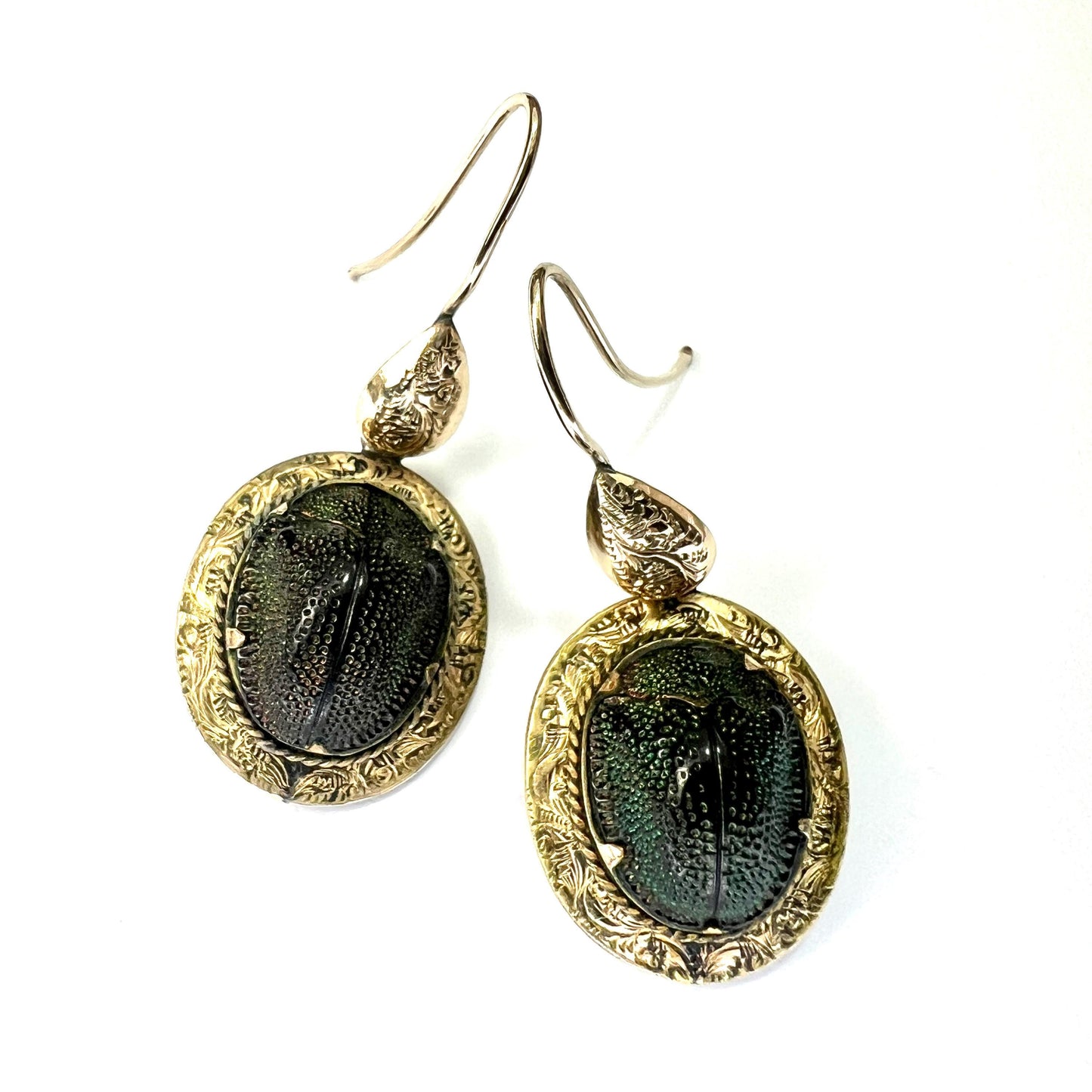 Ornate Victorian Scarab Beetle 9CT Gold Drop Earrings