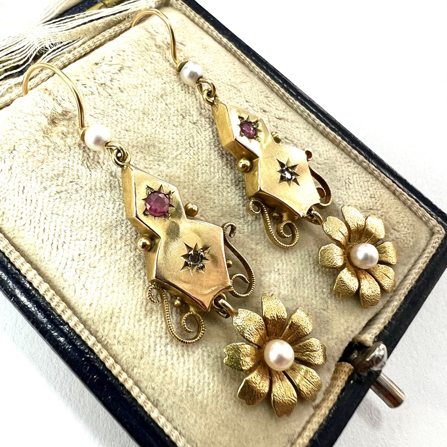 Victorian 9CT Gold Ruby and Pearl Flower Drop Earrings