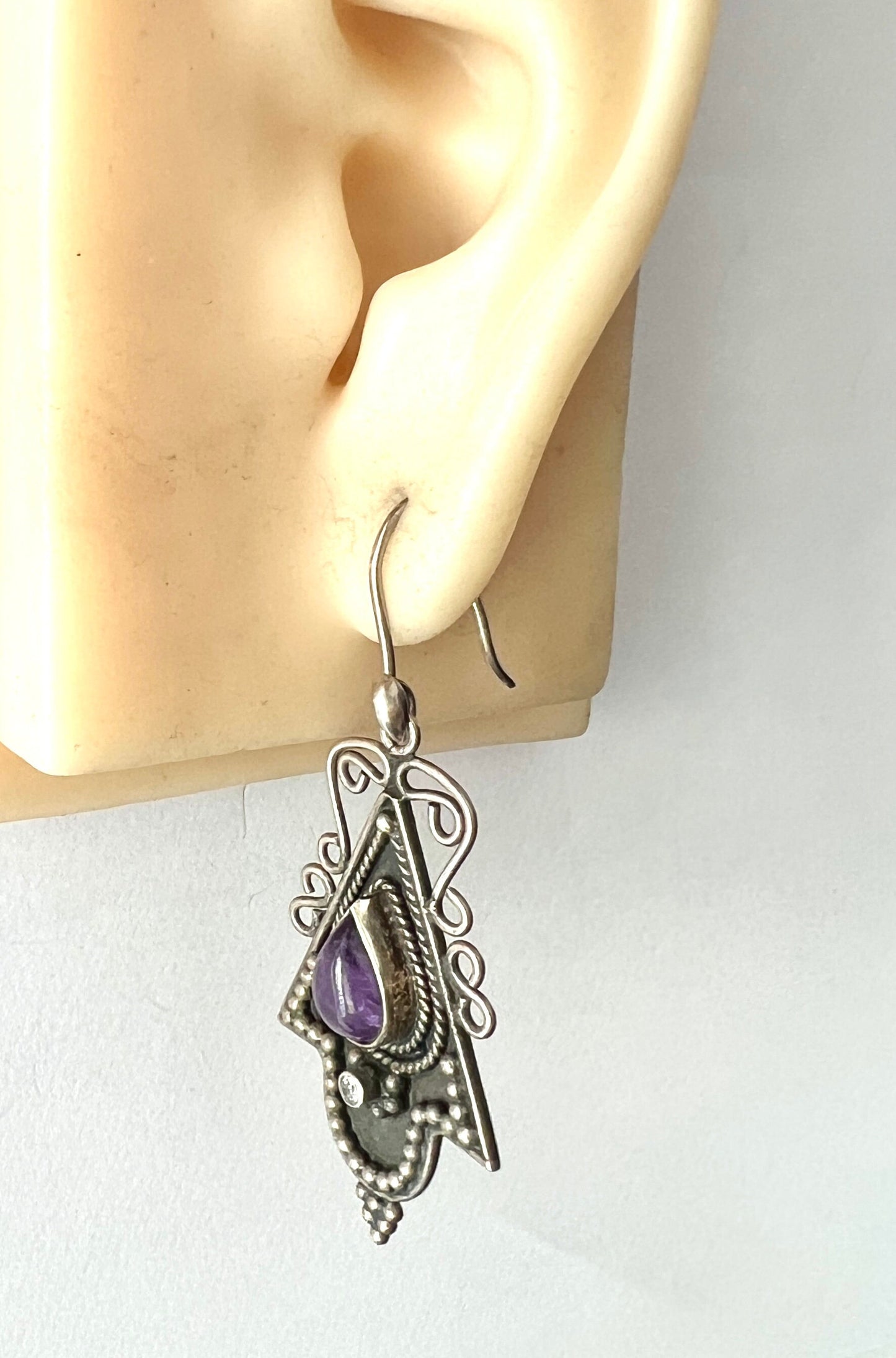 Vintage Indian Amethyst Silver Drop Earrings