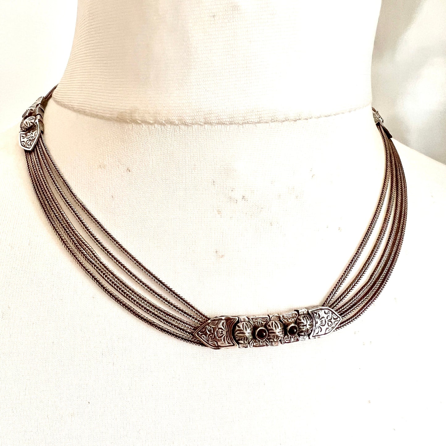 Vintage Garnet and Sterling Silver Byzantine Chain Necklace, Earrings, Bracelet