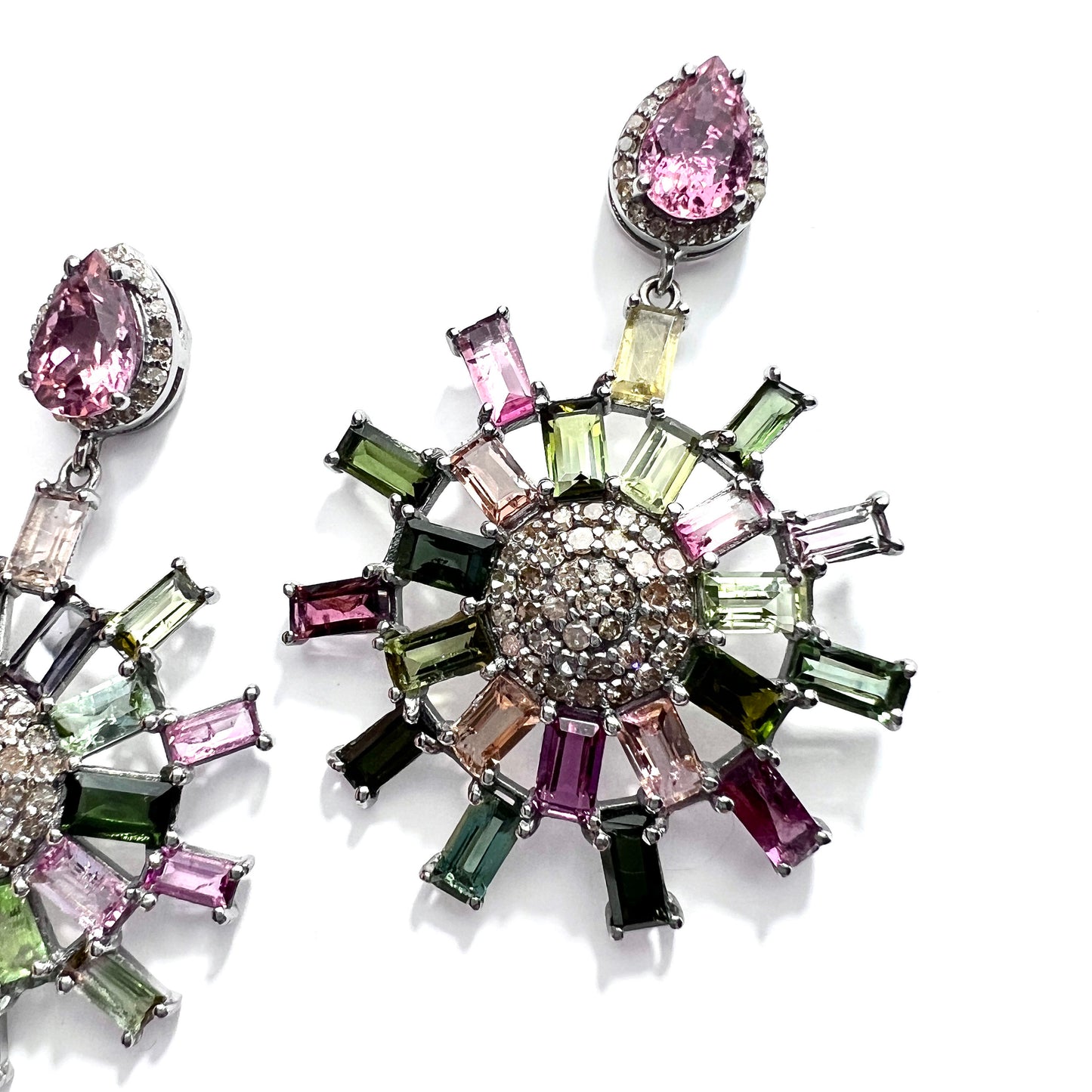 Large Vintage Diamond and Tourmaline 14CT Gold and Silver Wheel Earrings