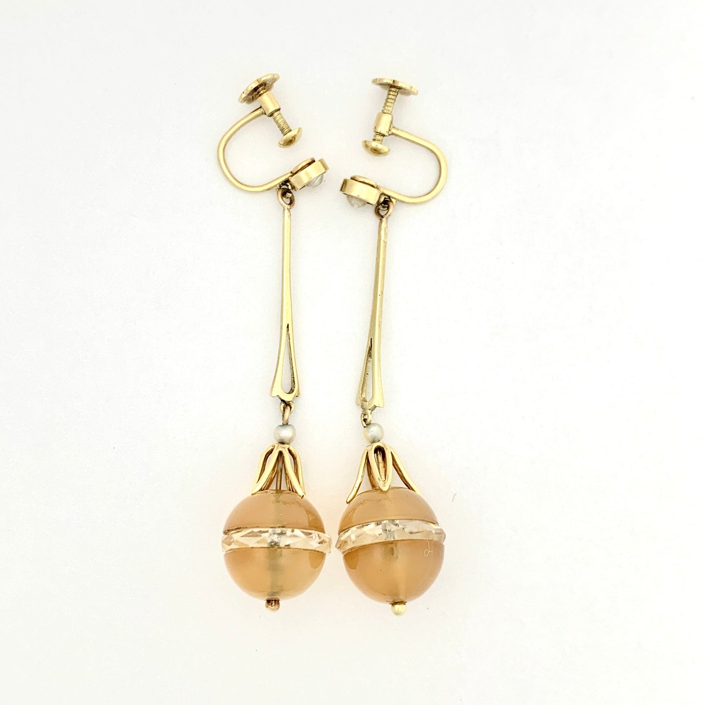 Edwardian 15CT Gold Chalcedony, Pearl and Rock Crystal Egg Long Drop Earrings