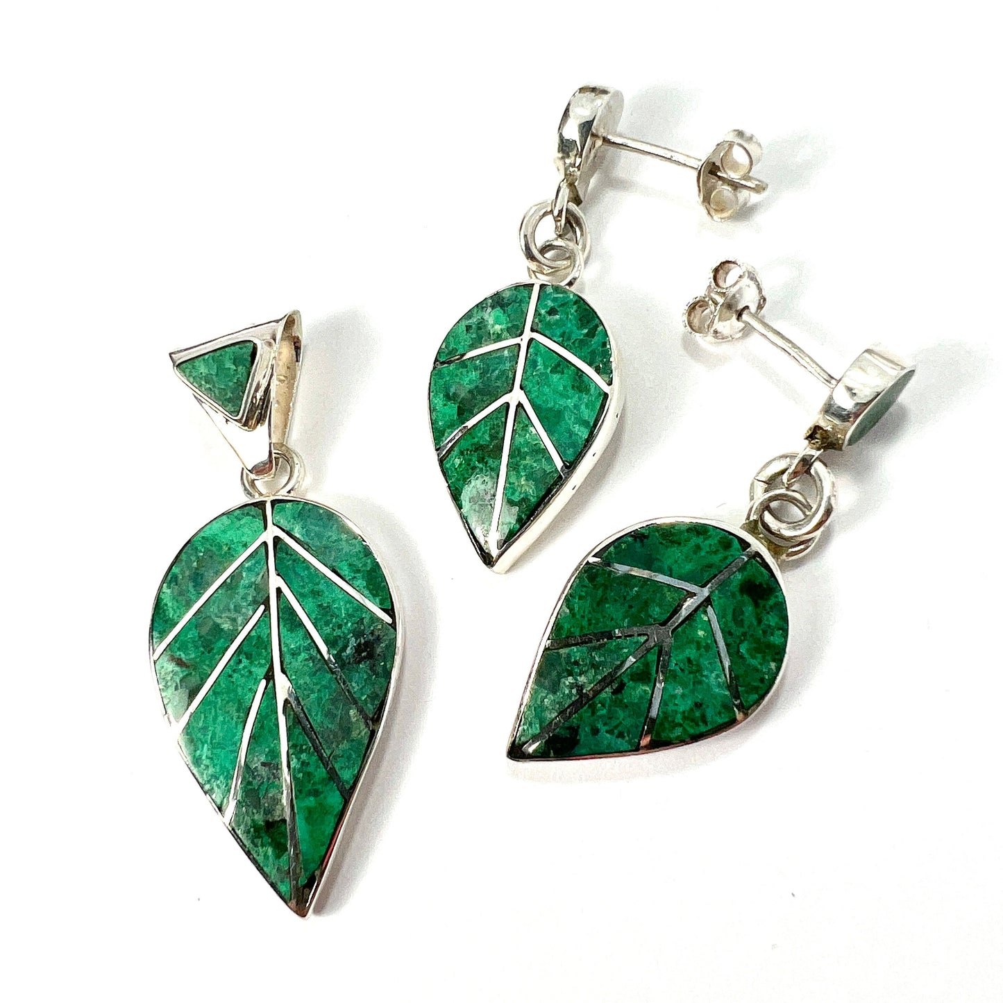 Vintage Malachite Leaf Sterling Silver Earrings and Pendant