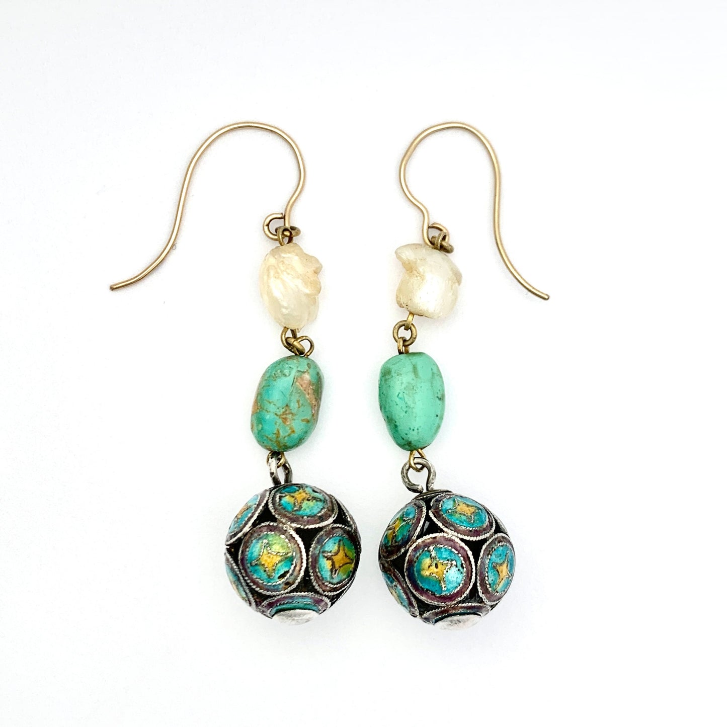 Antique Turquoise Enamelled 9CT Gold and Silver Baroque Pearl Earrings