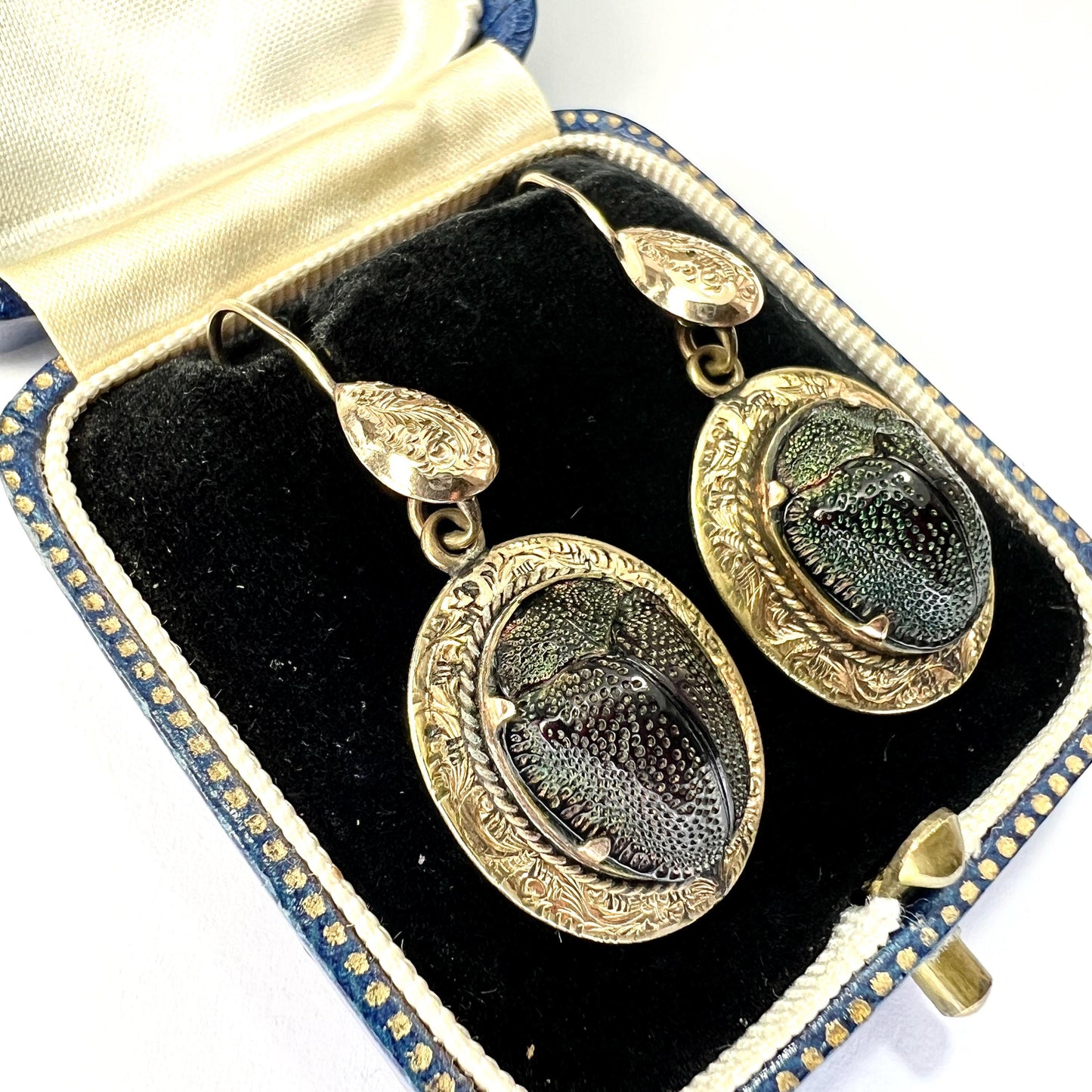 Ornate Victorian Scarab Beetle 9CT Gold Drop Earrings