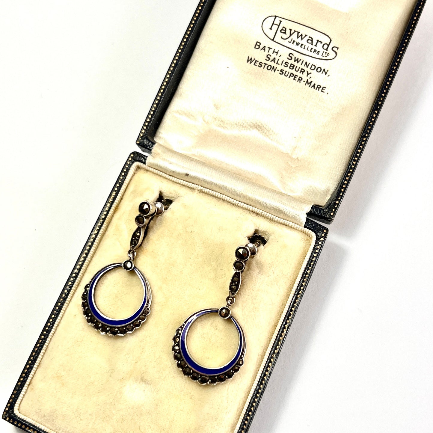Vintage Art Deco Blue Enamel Marcasite Earrings