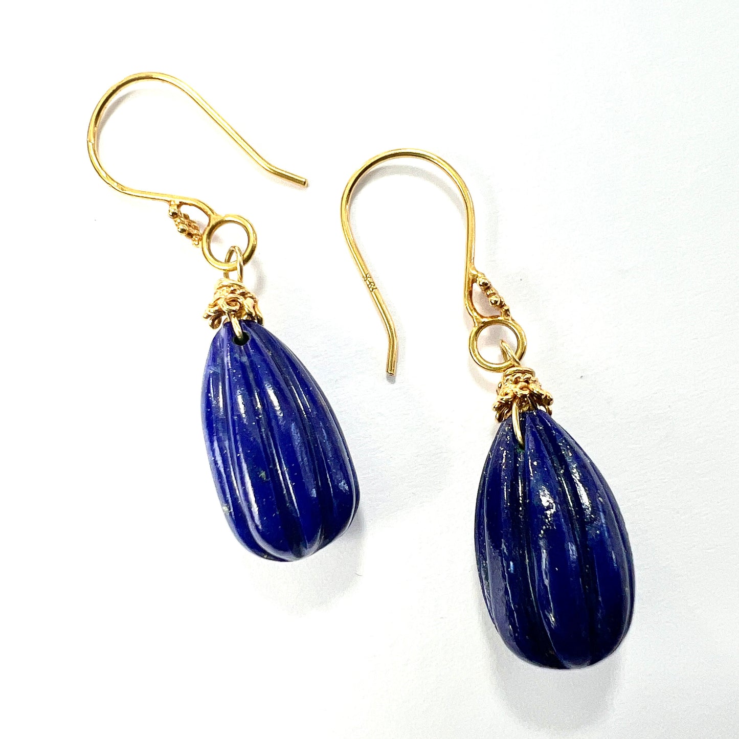 Vintage Solid 18CT Gold Lapis Lazuli Fluted Teardrop Earrings