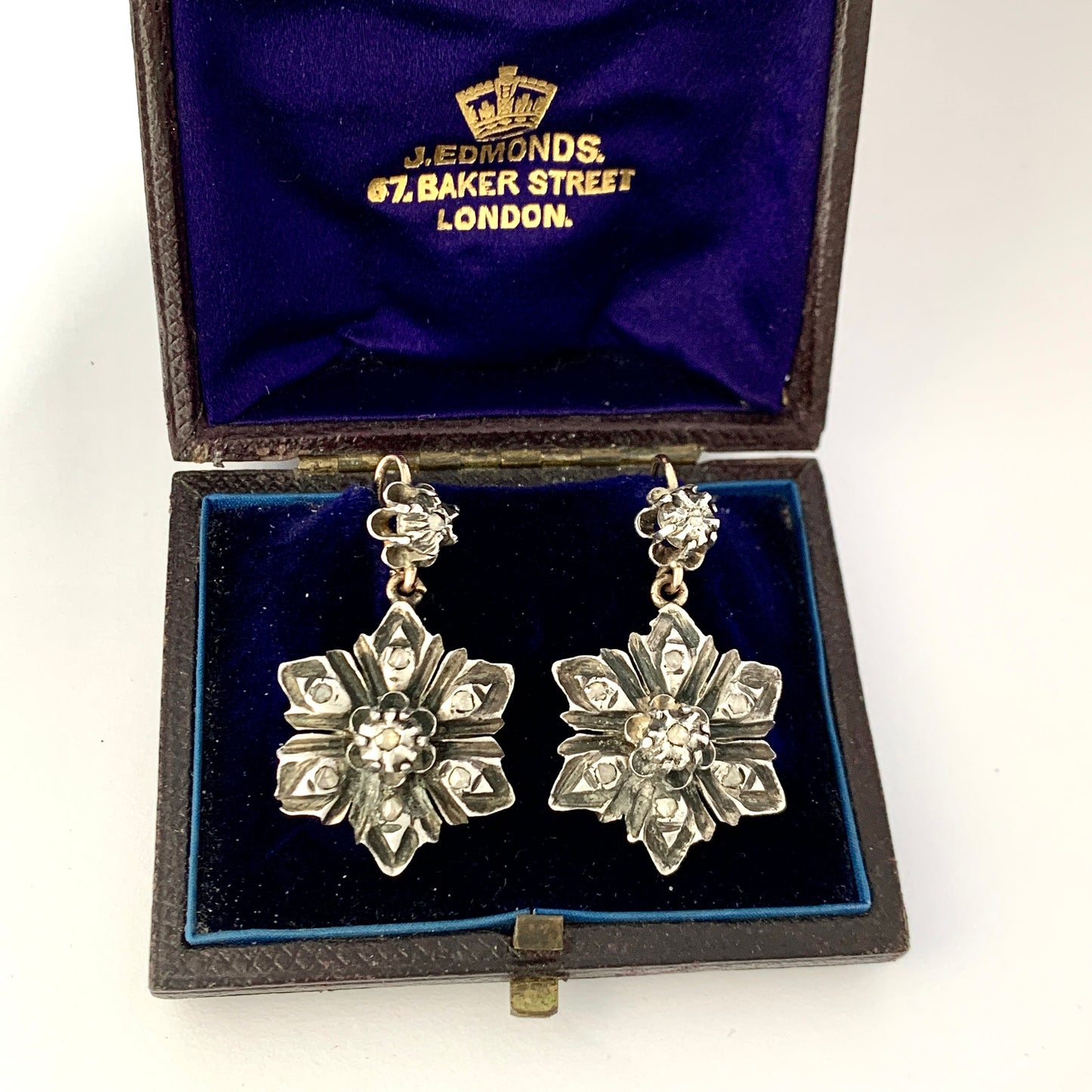 Georgian Rose Cut Diamond Flower Earrings in Silver and Gold