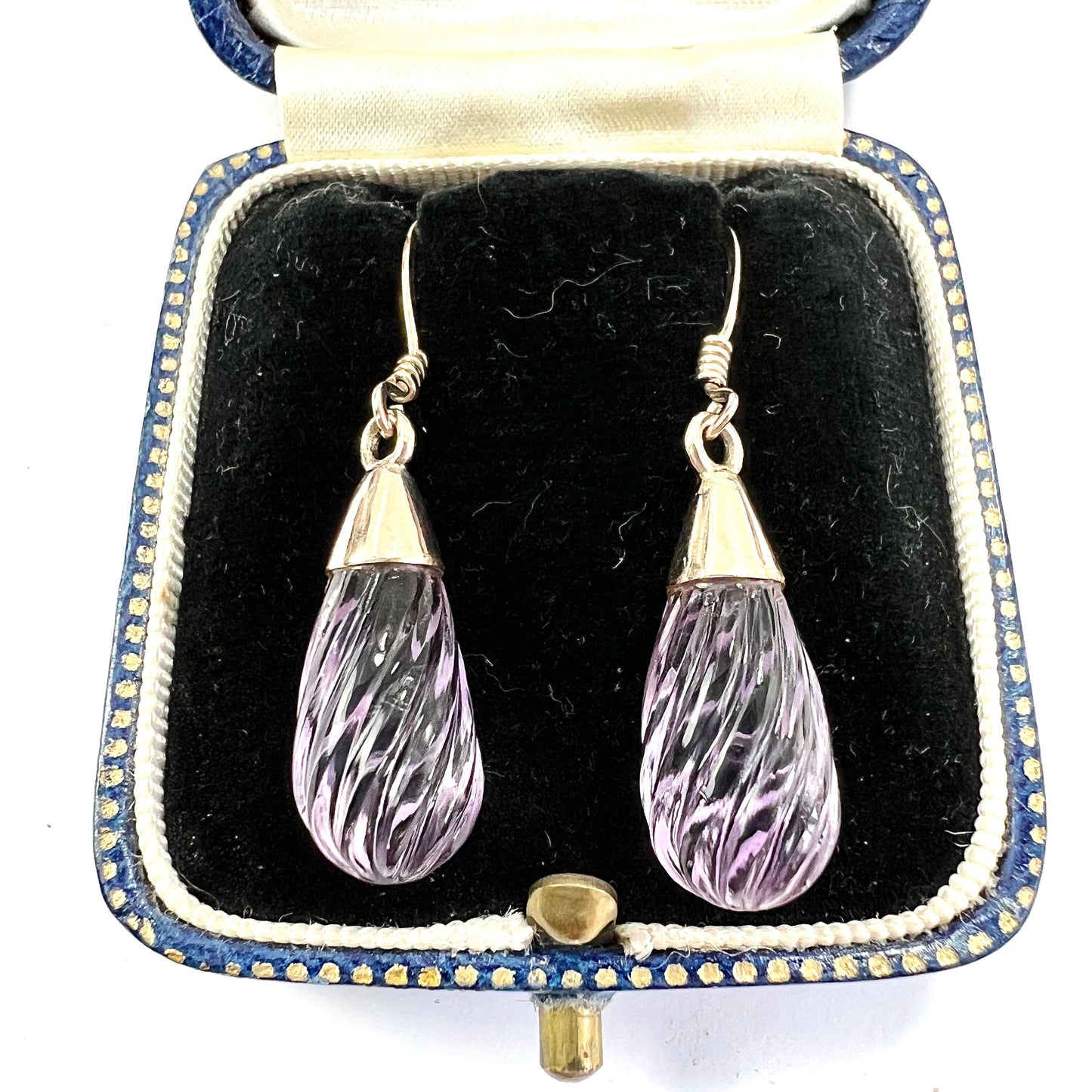 Vintage Carved Amethyst Swirl 9CT Rose Gold Teardrop Earrings