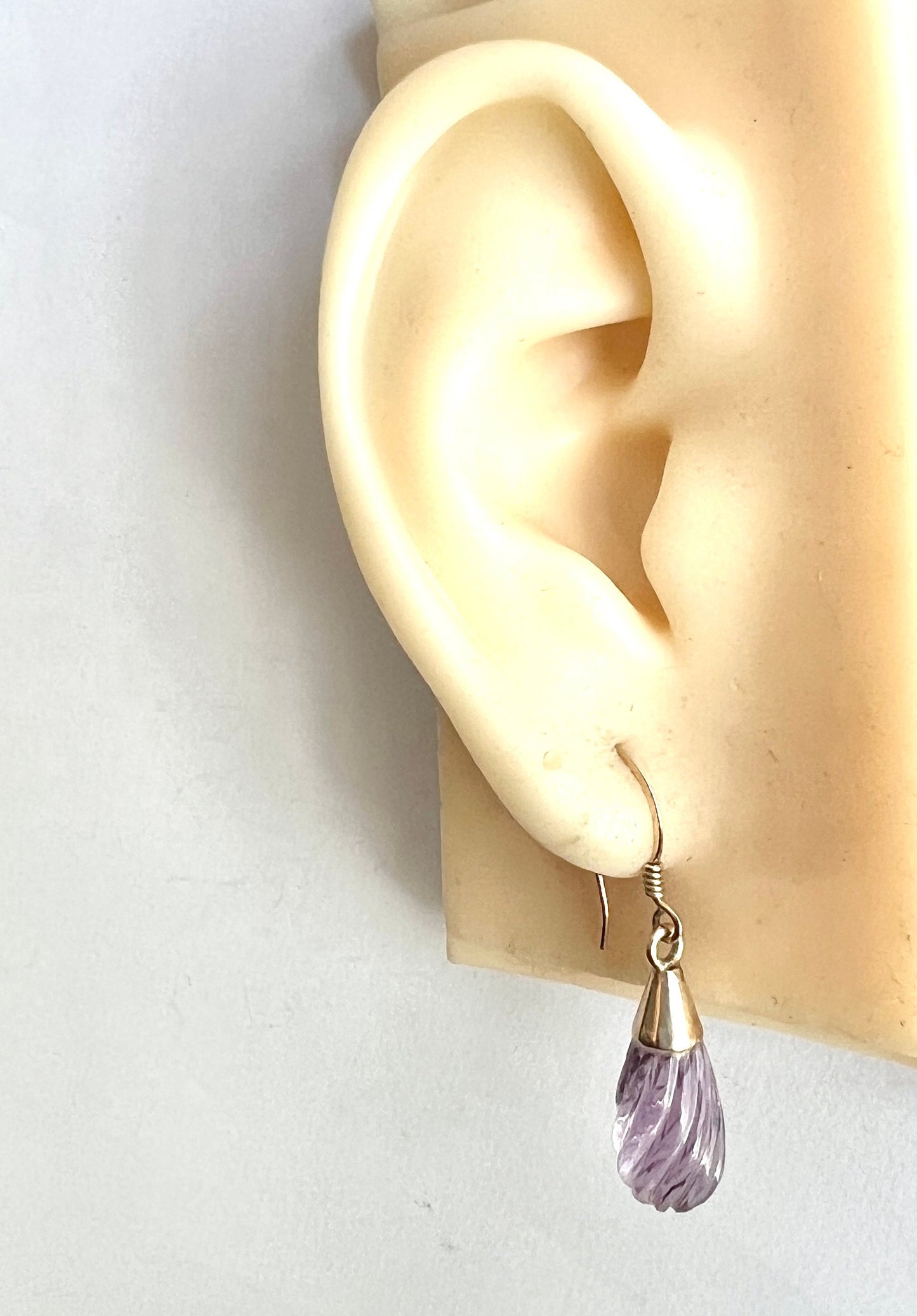 Vintage Carved Amethyst Swirl 9CT Rose Gold Teardrop Earrings