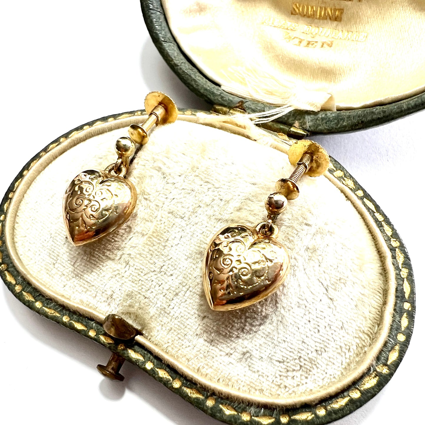 Vintage 9CT Gold Engraved Heart Drop Earrings