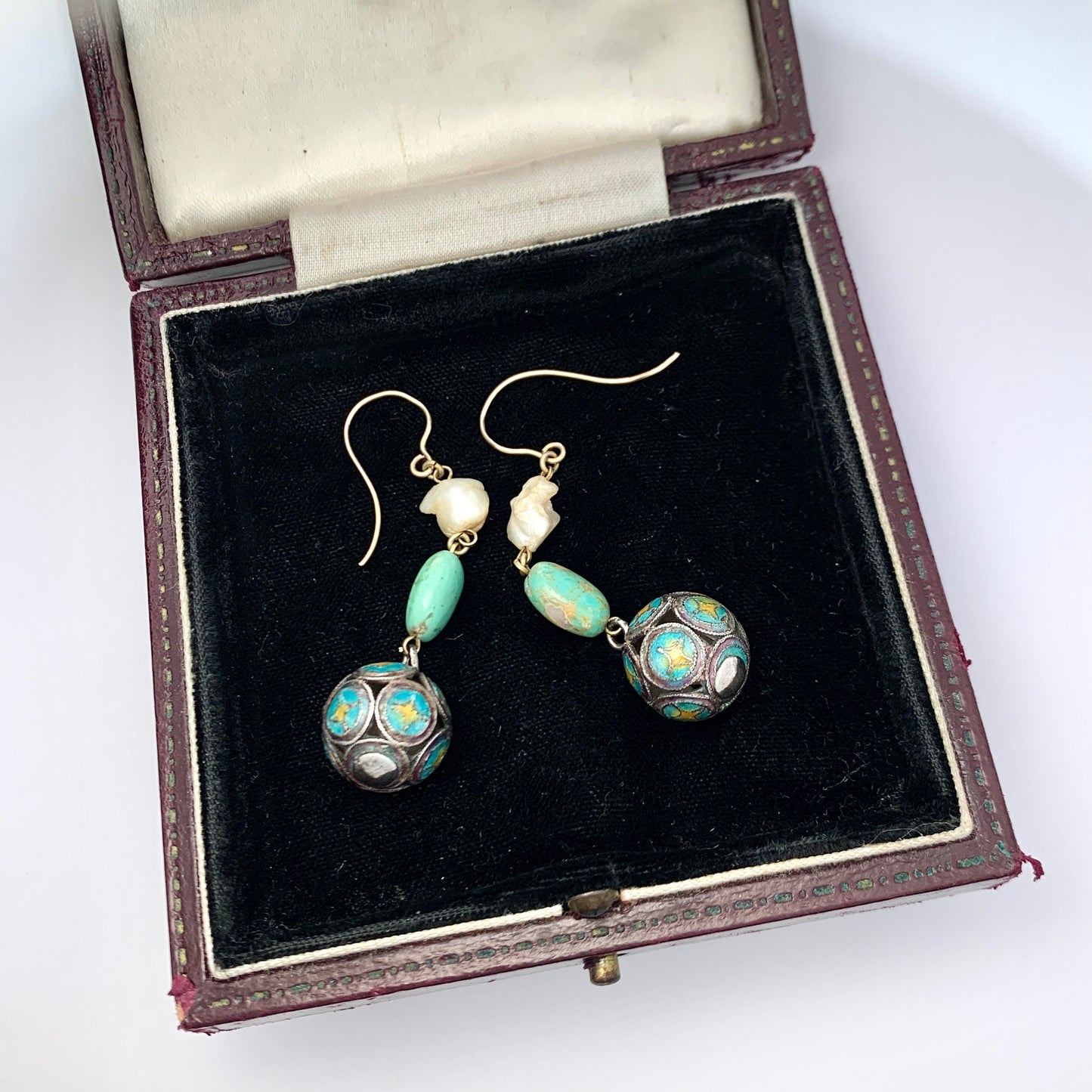 Antique Turquoise Enamelled 9CT Gold and Silver Baroque Pearl Earrings
