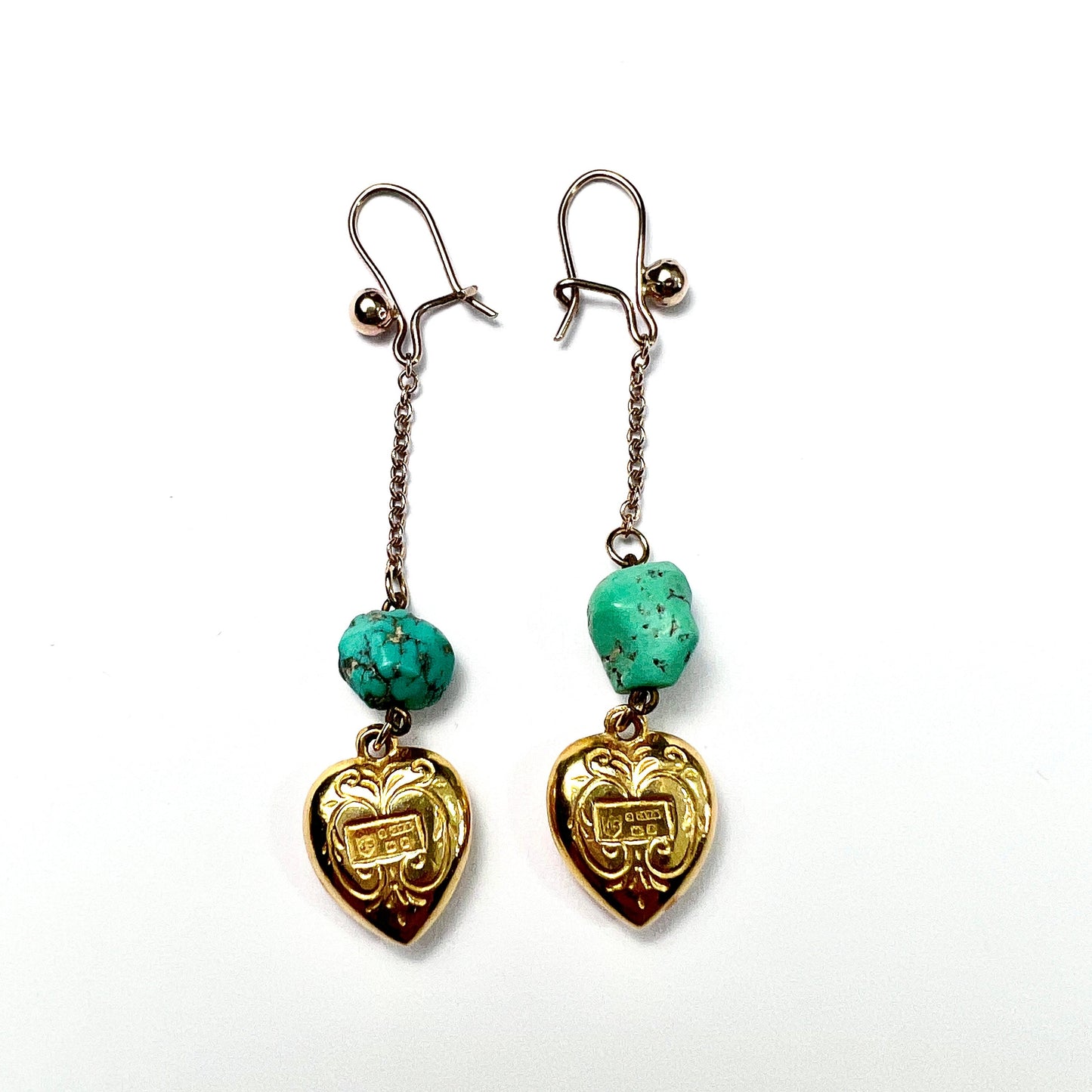 Vintage 9CT Gold Chain Drop Turquoise Heart Earrings