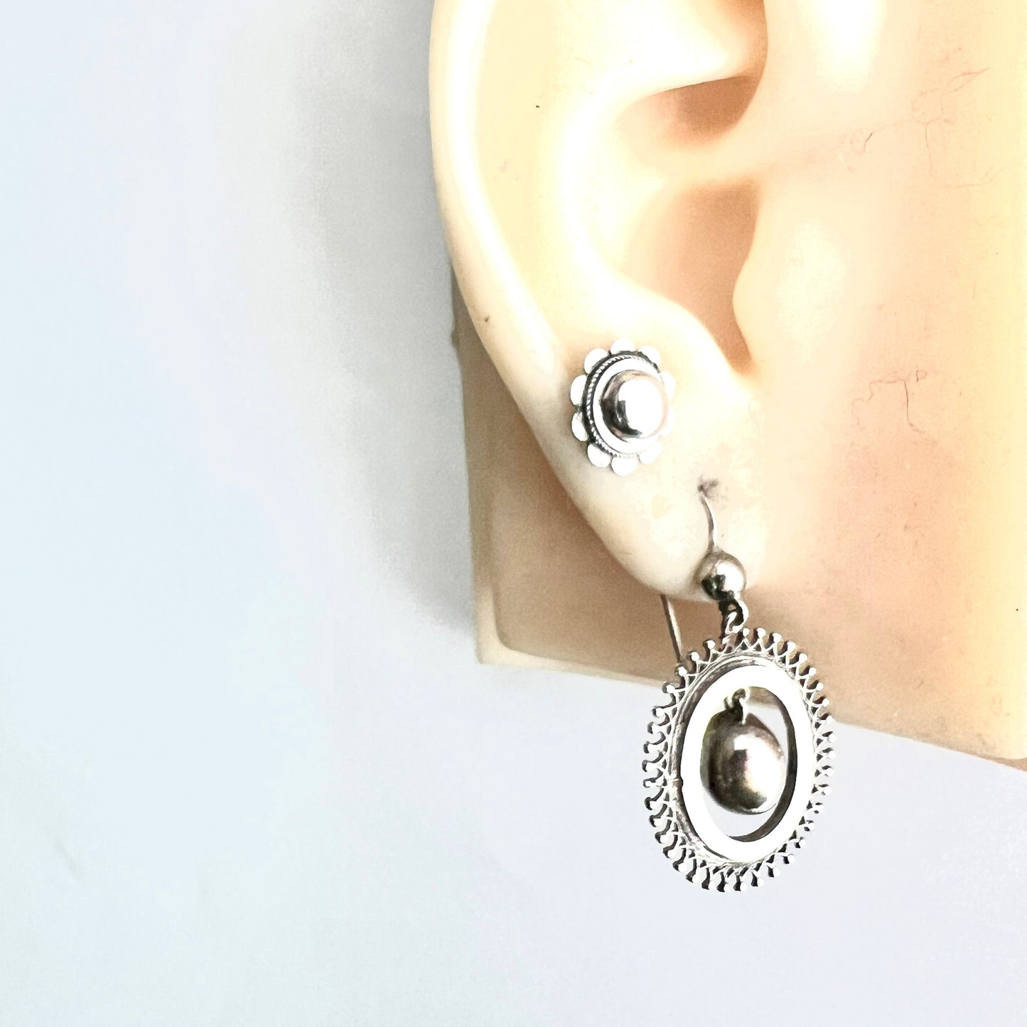 Victorian Mismatch Silver Stud and Drop Earrings