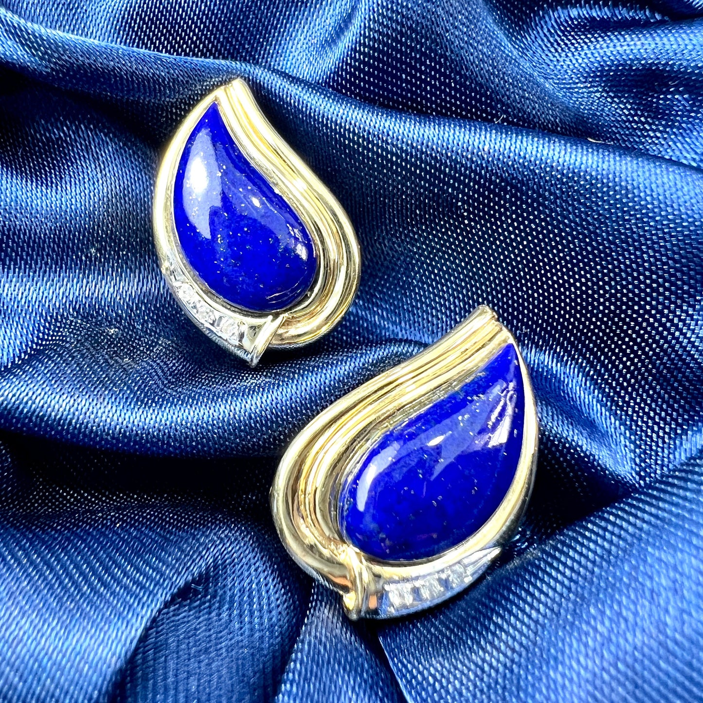 Large Vintage 18CT Gold Lapis Lazuli and Diamond Teardrop Earrings