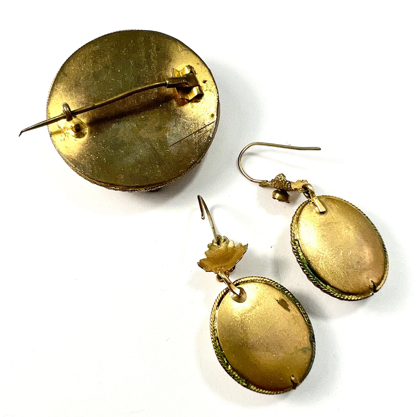 Victorian Etruscan Revival Paste Garnet Gilt Demi Parure Earrings and Brooch
