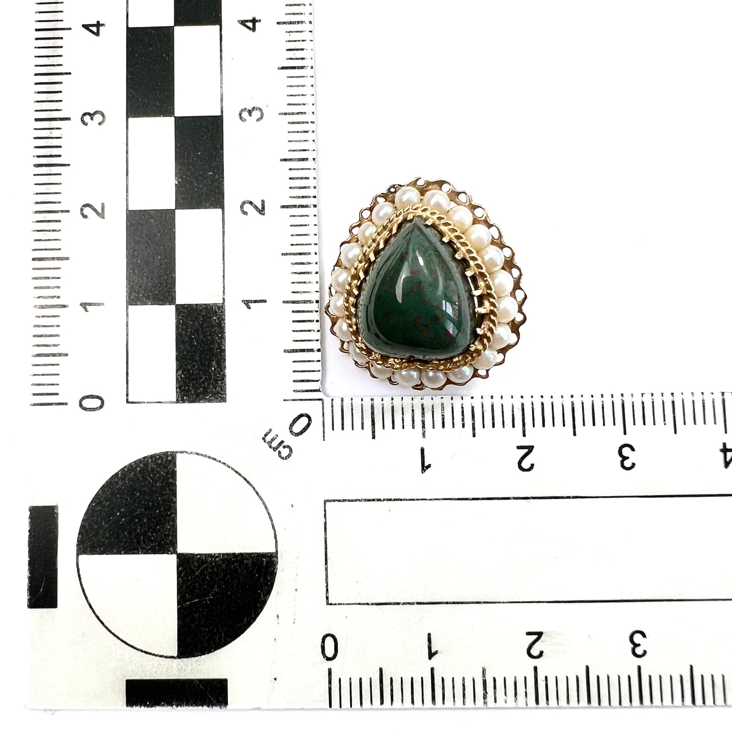 Vintage 14CT Gold Bloodstone Heart Pearl Halo Ear Clips