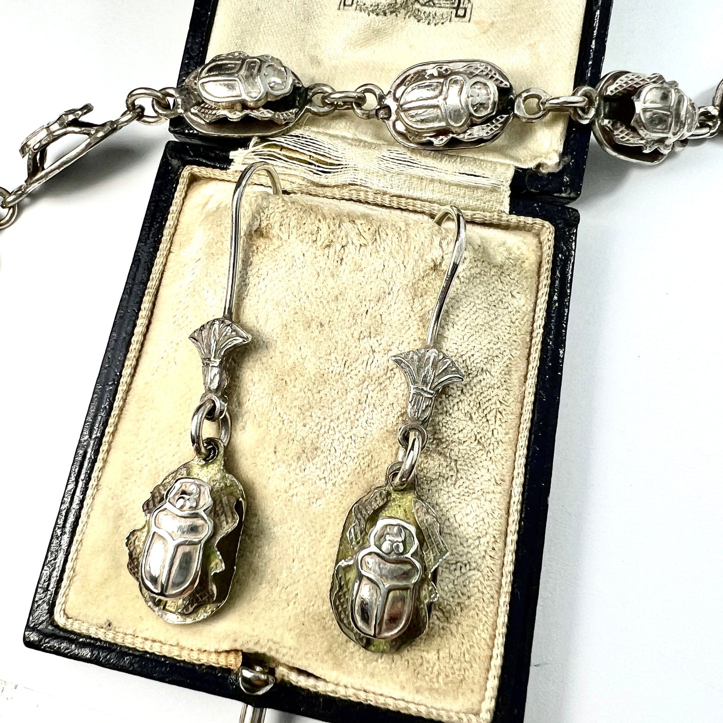 Vintage Silver Egyptian Scarab Beetle Earrings and Bracelet