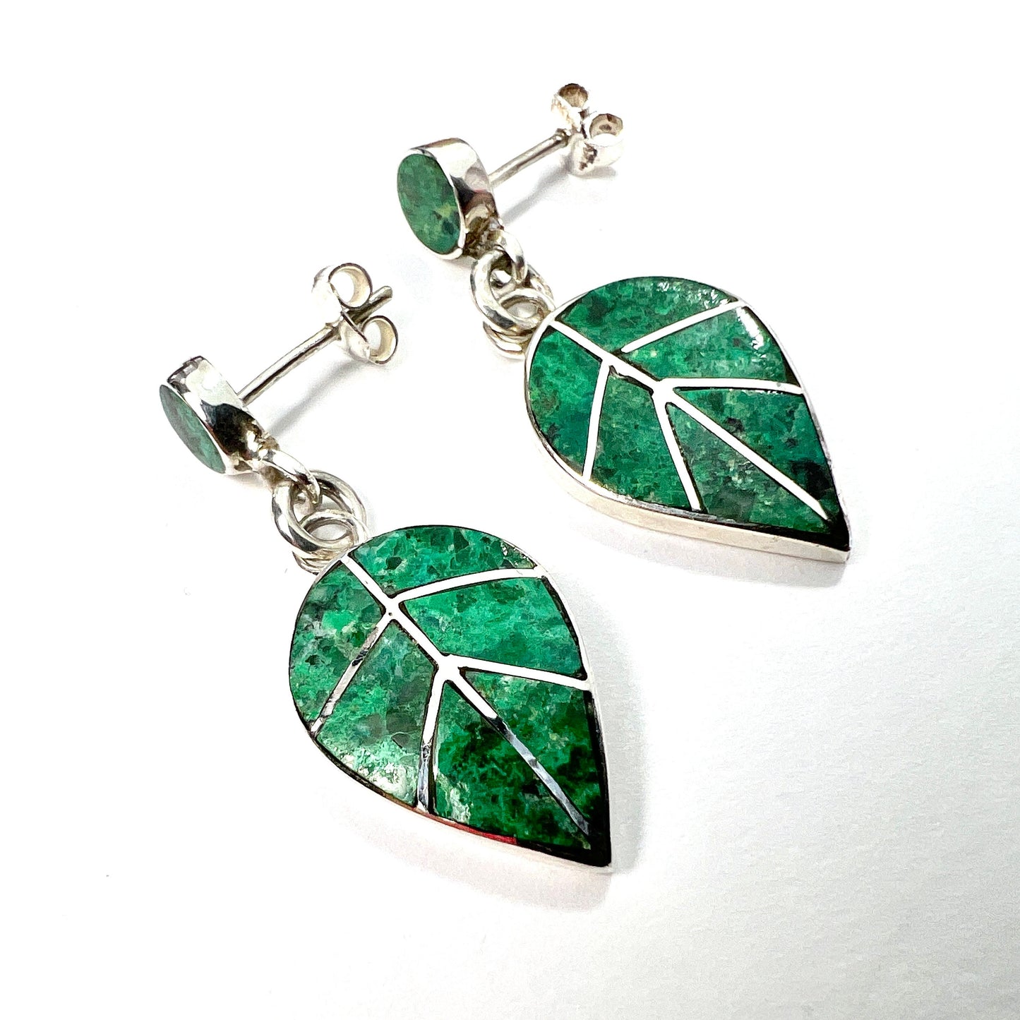 Vintage Malachite Leaf Sterling Silver Earrings and Pendant