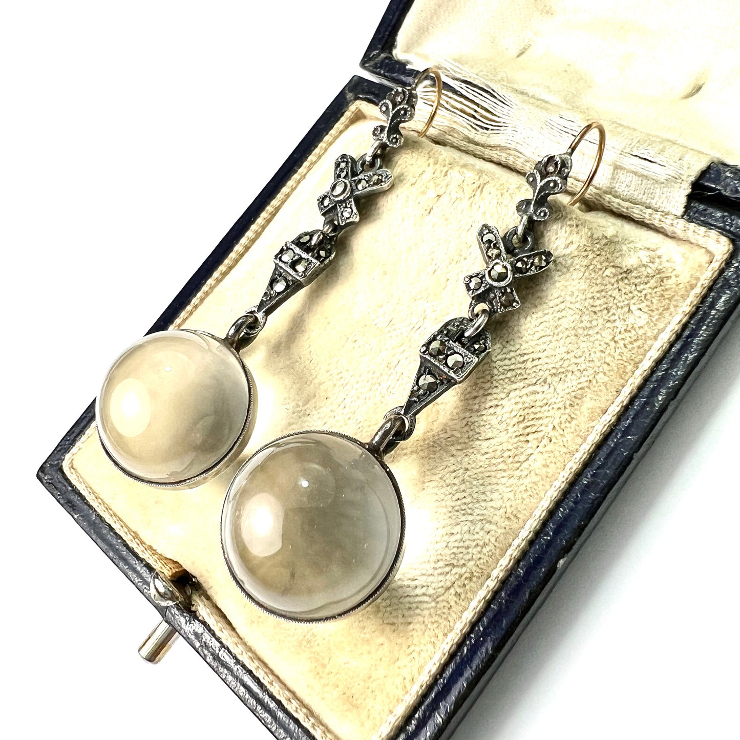 Edwardian Rock Crystal Pools of Light Silver Marcasite Earrings