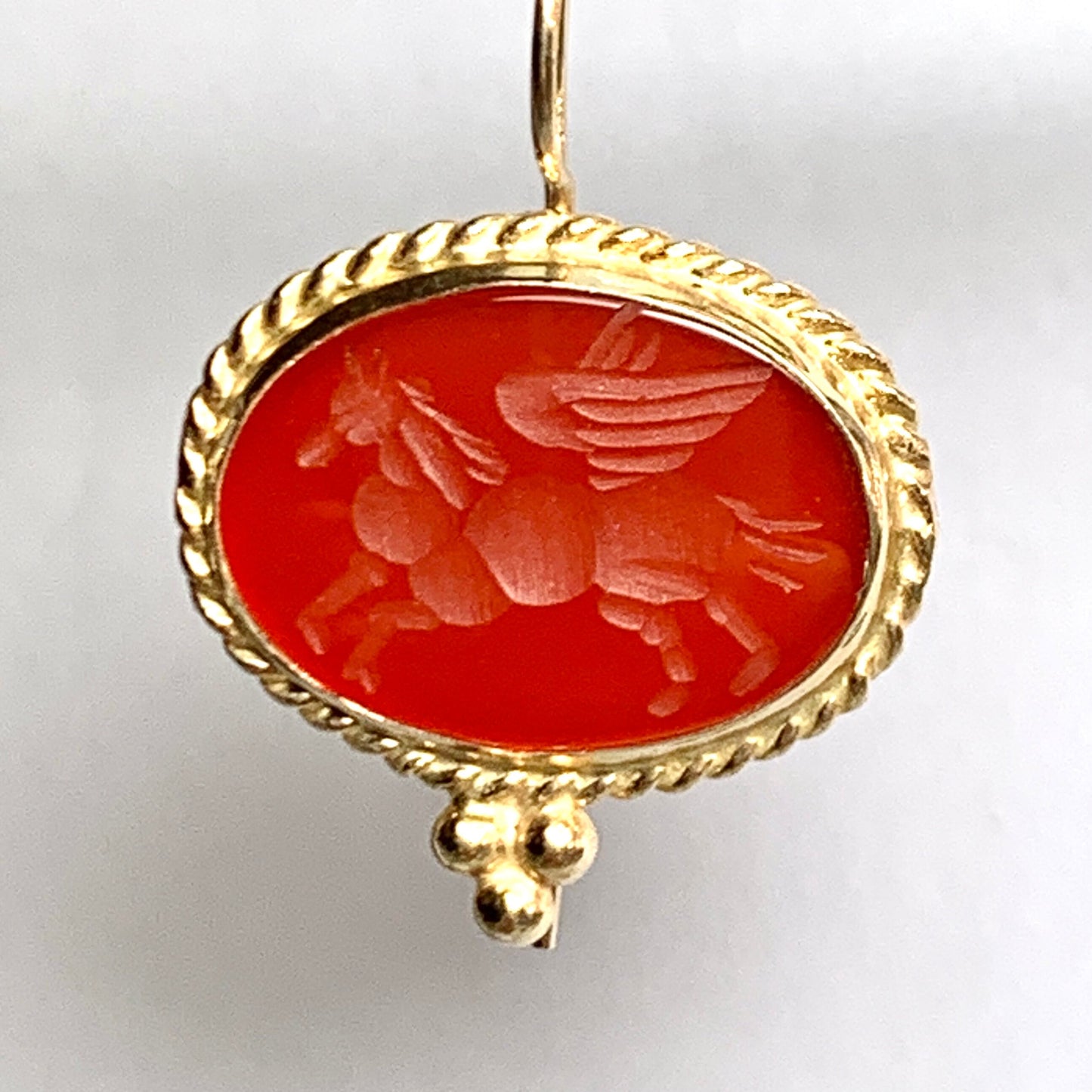 Vintage Winged Horse Carnelian Intaglio 14CT Gold Earrings