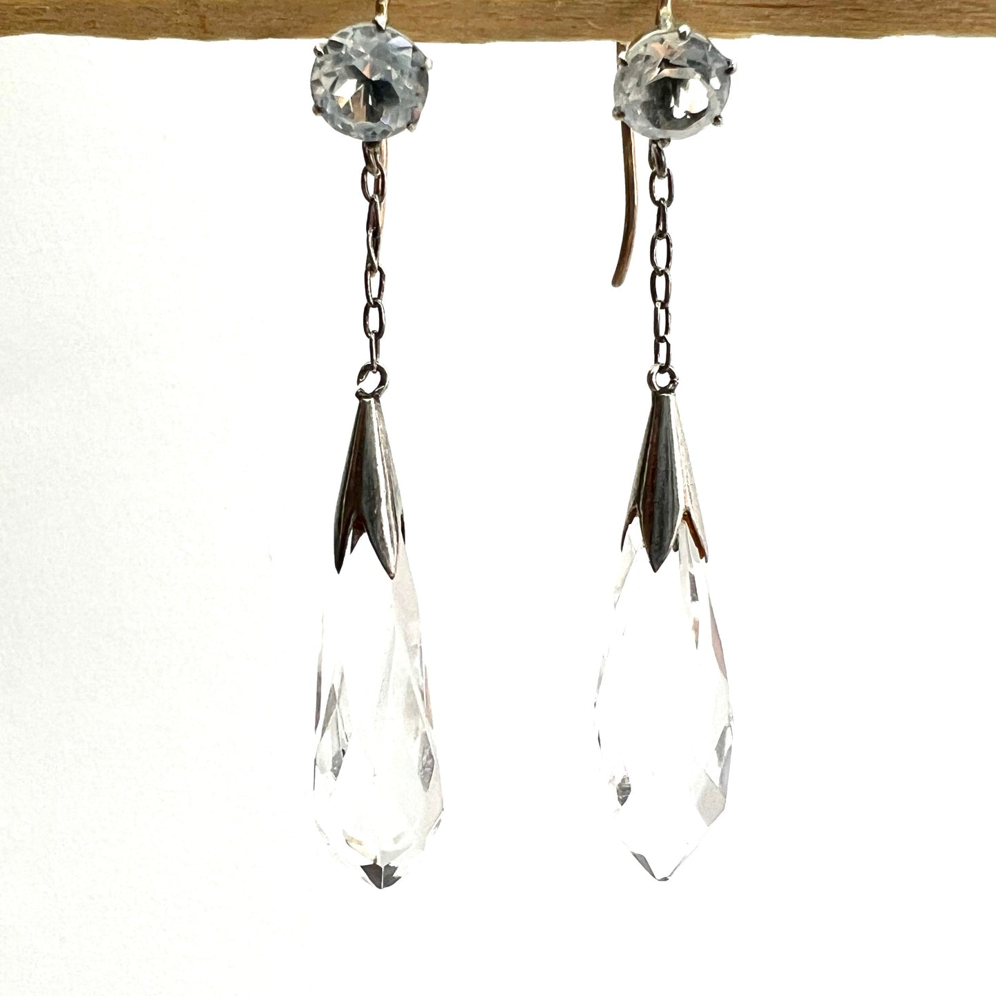 Edwardian 9CT Gold Silver Rock Crystal Chain Drop Earrings