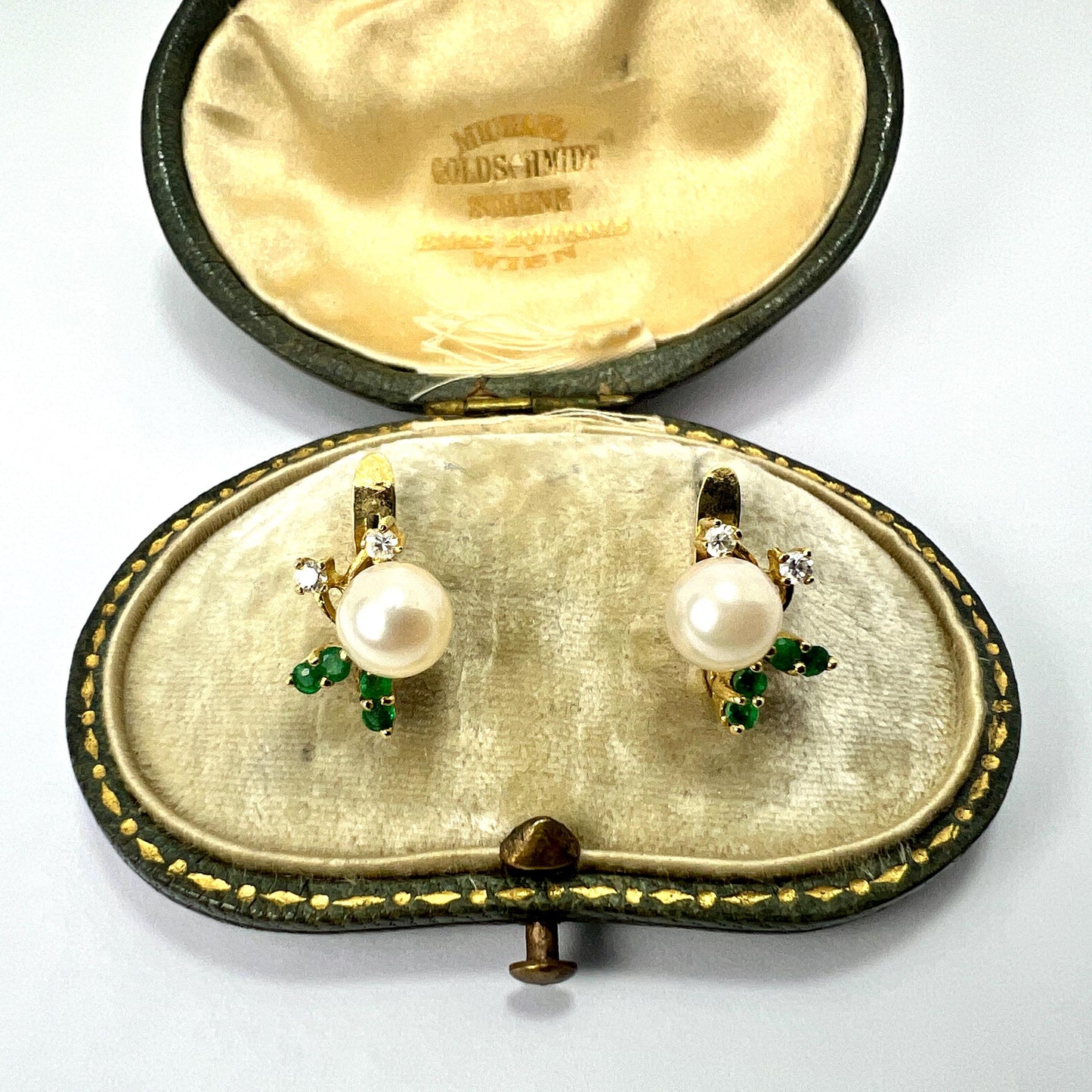 Vintage 18CT Gold Emerald, Diamond and Cultured Pearl Earrings